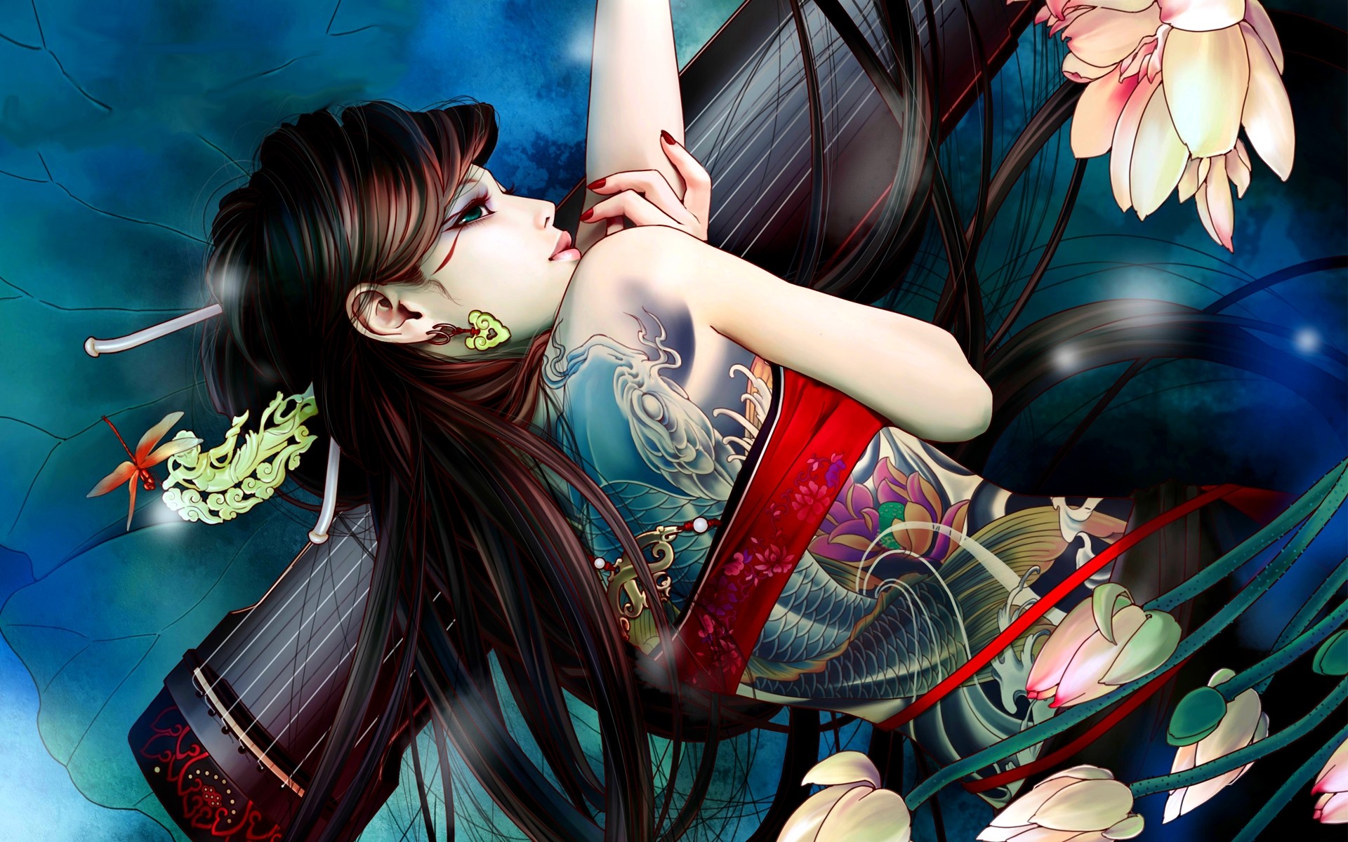 Fantasy Tattoo Girl Brown Hair Oriental Woman 1920x1200