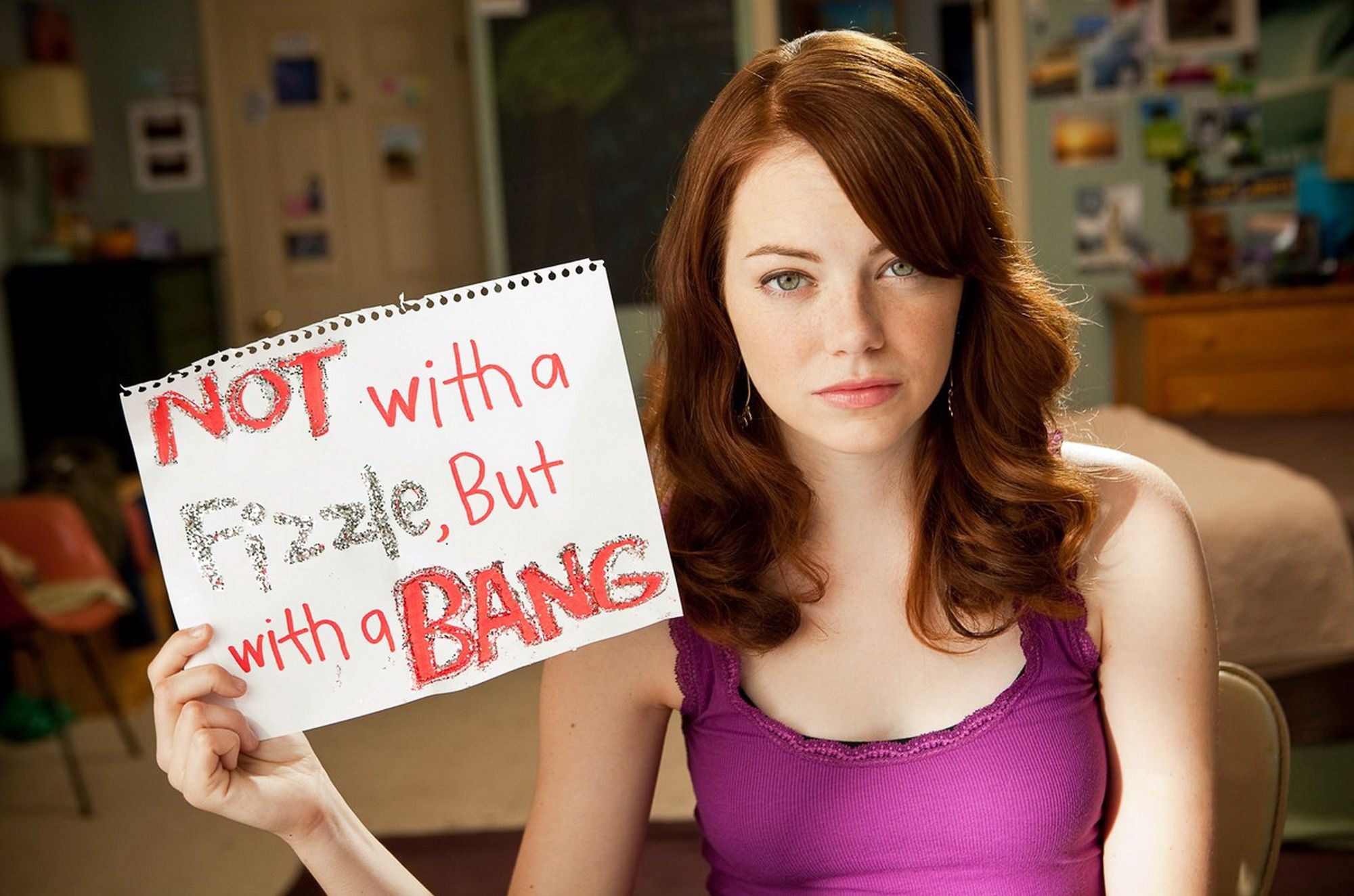 Easy A Actress Women Redhead Purple Top Blue Eyes Looking At Viewer 2000x1324