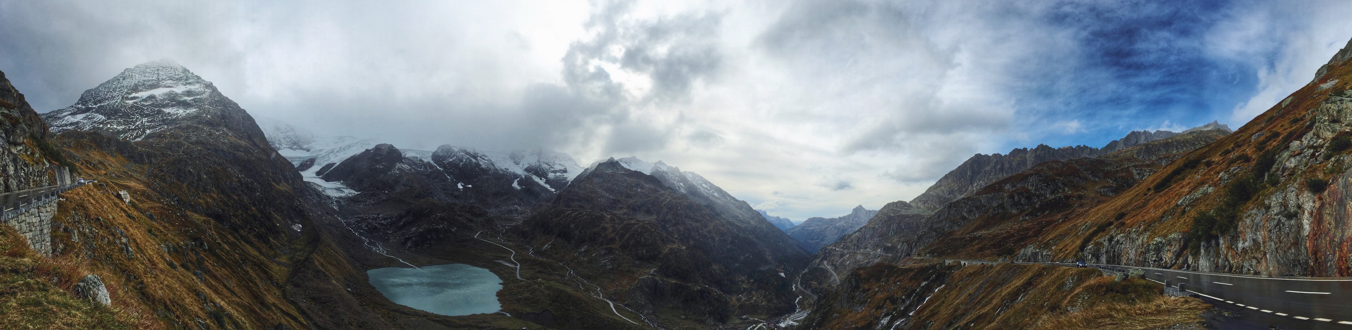 Mountains Dual Monitors Landscape Pond Snowy Peak Gorge 4415x1080