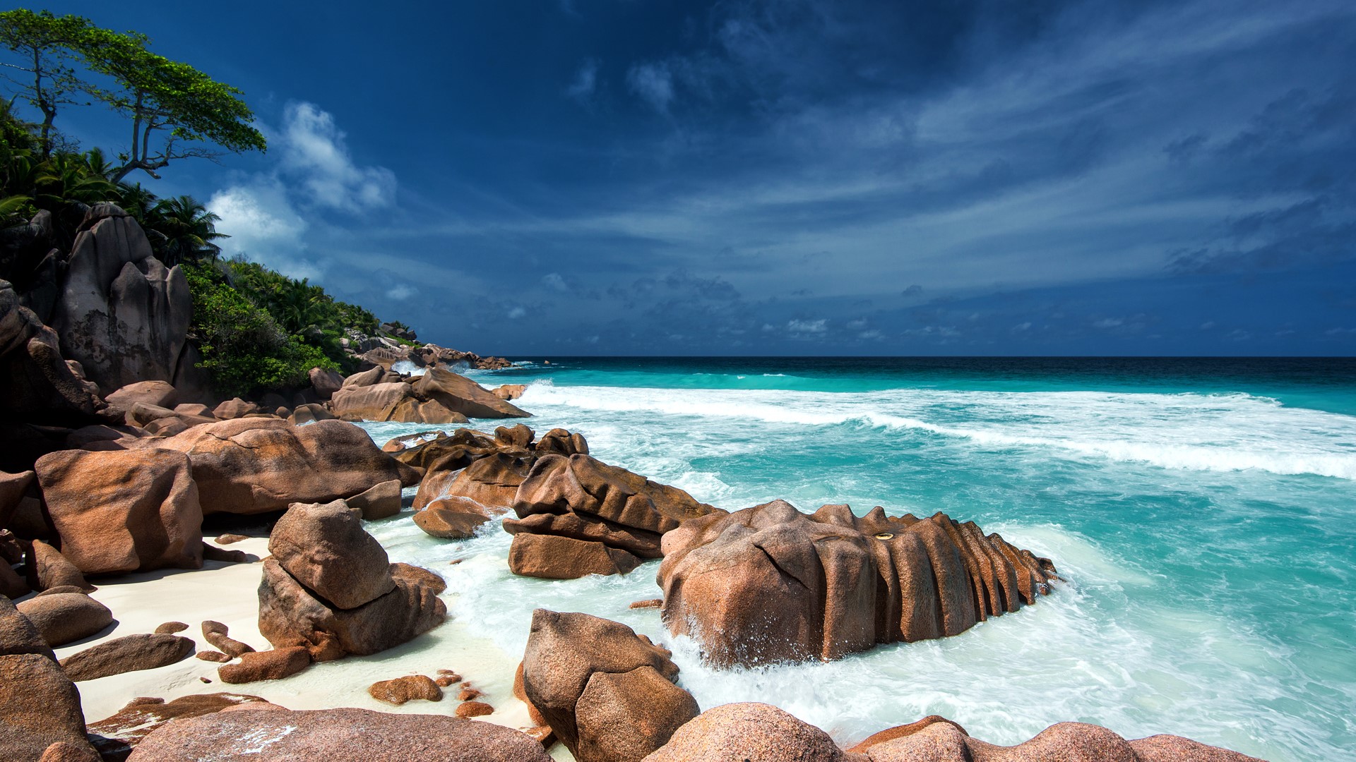 Nature Landscape Trees Clouds Sky Rocks Sea Water Waves Sand Coast Horizon Seychelles Indian Ocean 1920x1080