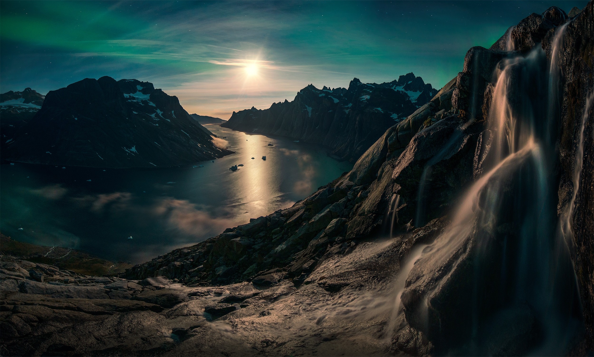 Nature Landscape Photography Mountains Waterfall Snow Fjord Moonlight Starry Night Greenland Aurorae 2500x1502