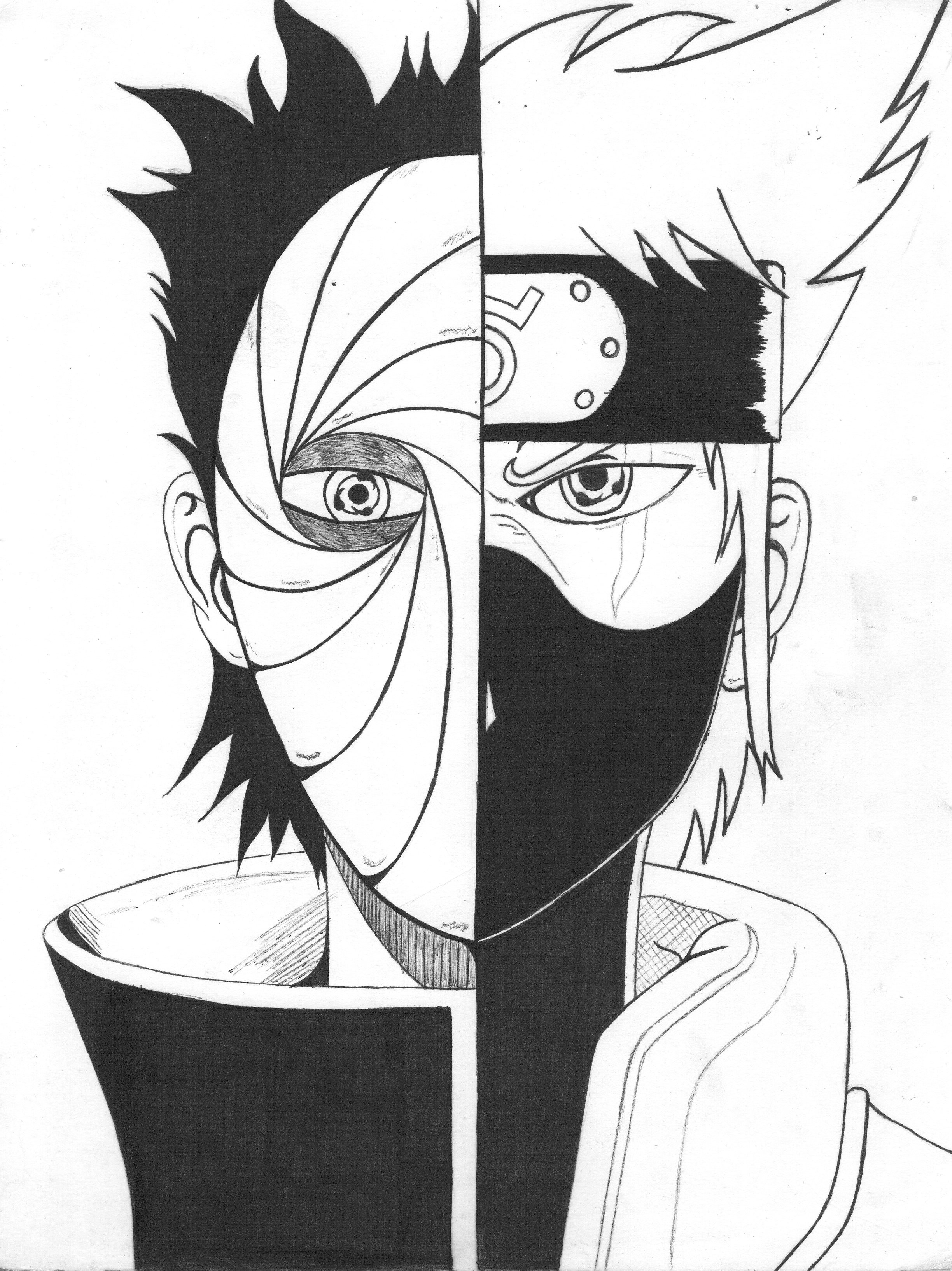 Hatake Kakashi Anime Boys Drawing Uchiha Obito Tobi Naruto Shippuuden Anime Monochrome 2448x3269