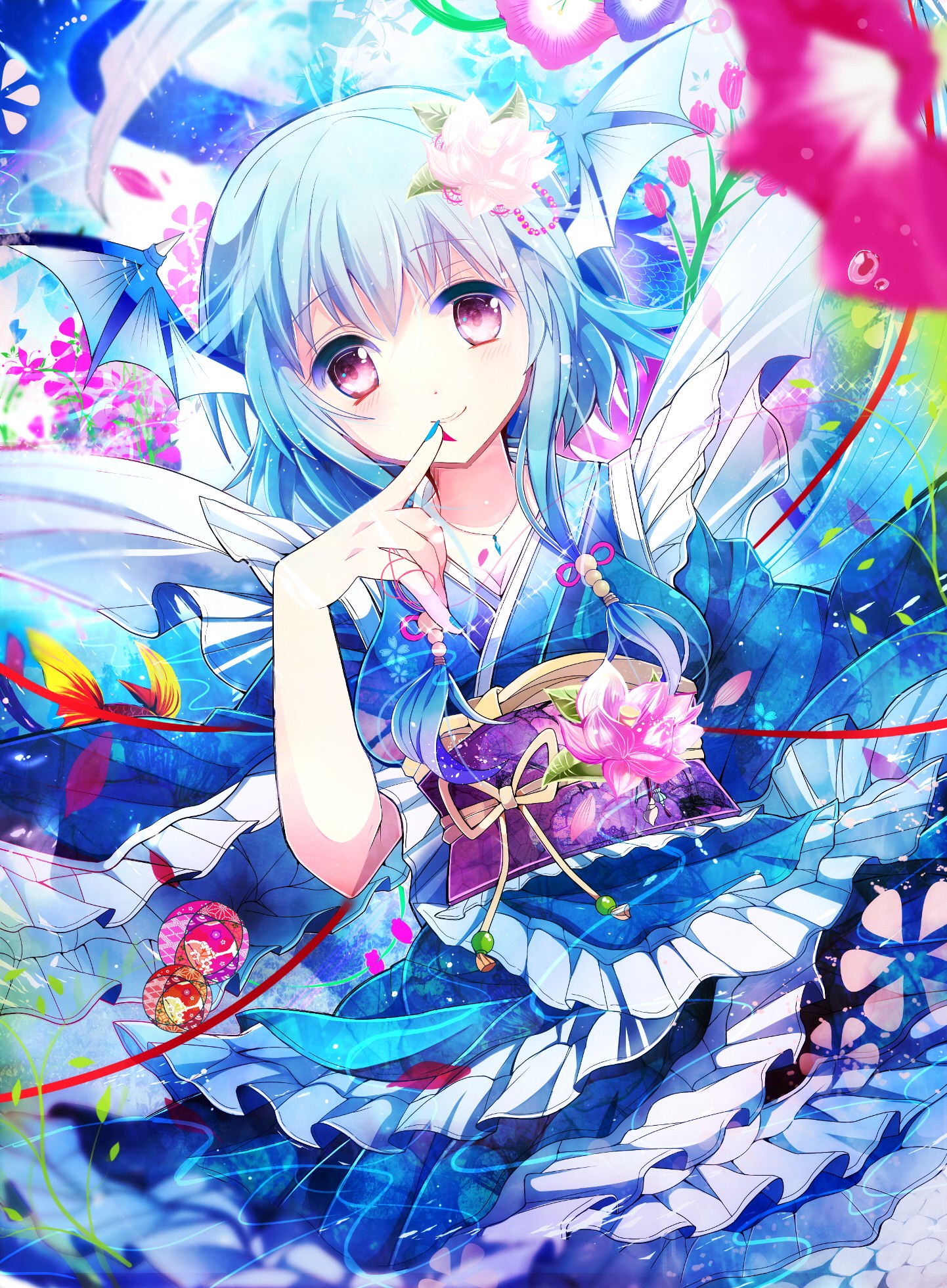 Wakasagihime Touhou Wings Flowers Flower In Hair Traditional Clothing Ribbon Jewelry Kimono Sheet Pe 1442x1960