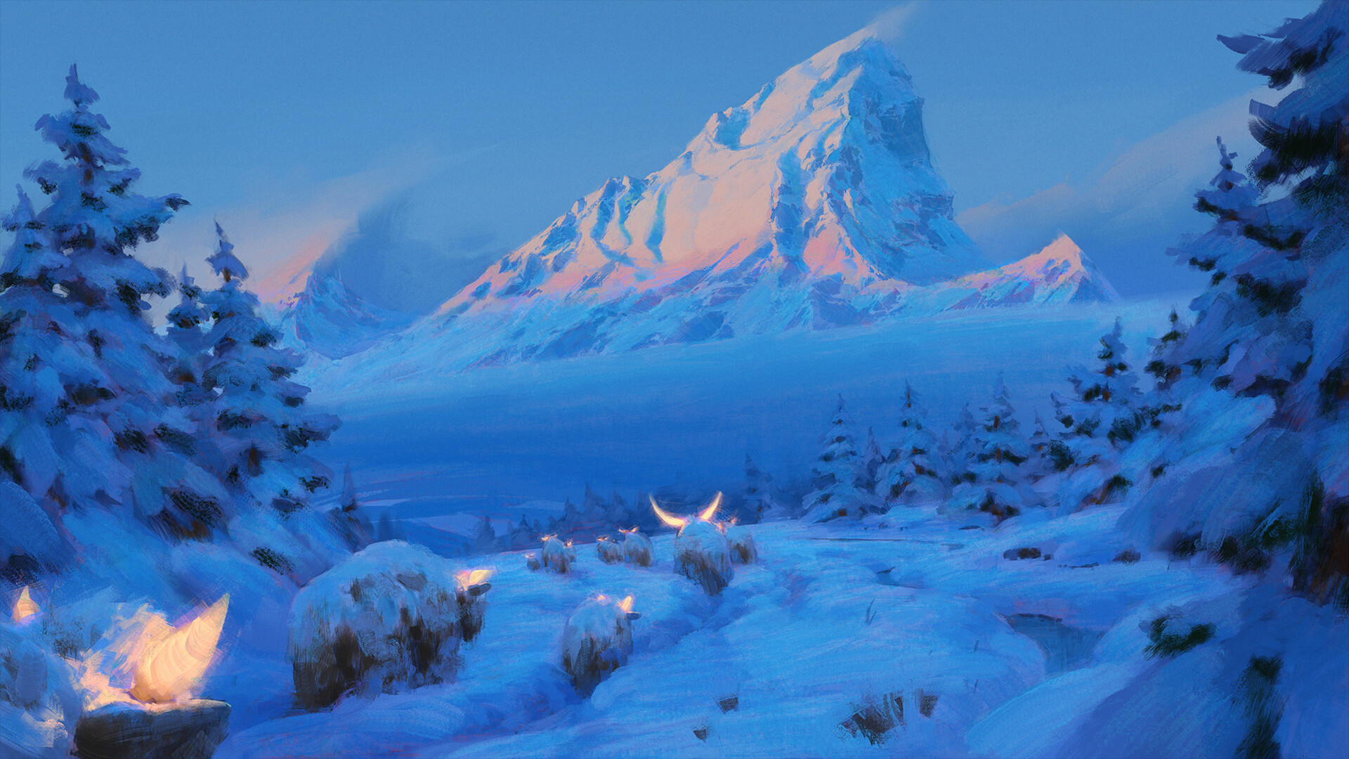 Environment Glowing Horns Mountains Snow Trees Bison Fantasy Art Artwork Nature 1920x1080