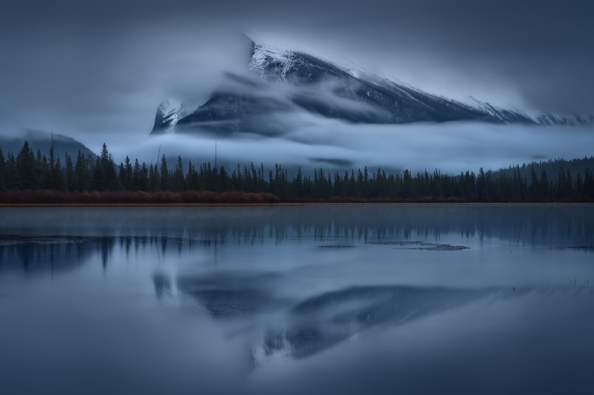 Nature Landscape Mountains Clouds Alberta Canada Lake Trees Forest Water Mist Reflection Long Exposu 2048x1365