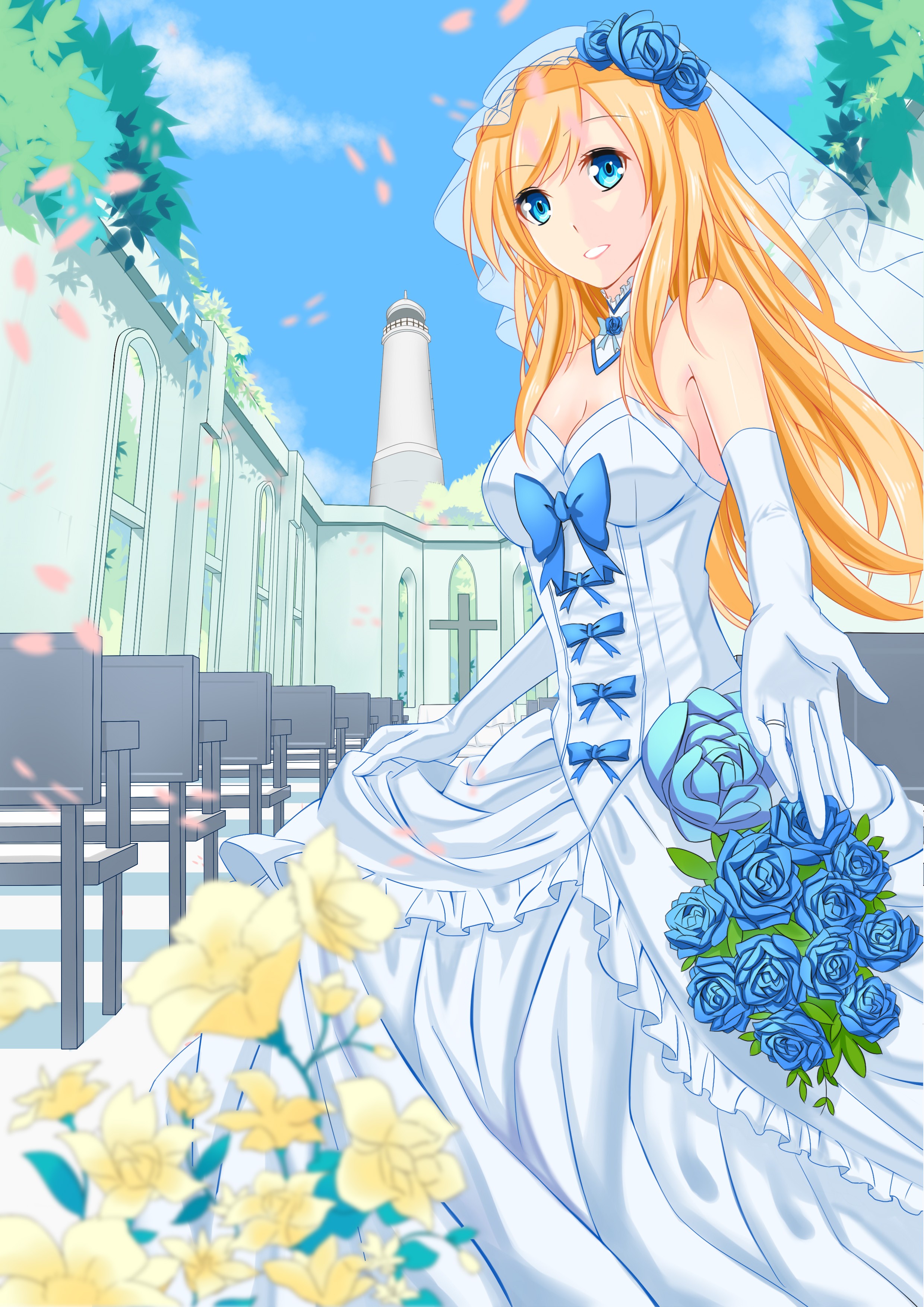 Anime Anime Girls Zhanjian Shaonu Dress Wedding Dress Long Hair Blonde Blue Eyes Flowers 2480x3507