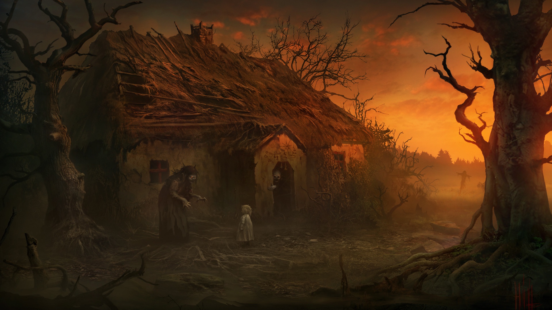 Digital Art Fantasy Art Building Artwork Spooky Creepy House Witch Children Sunset Trees Roots Cloud 1920x1080