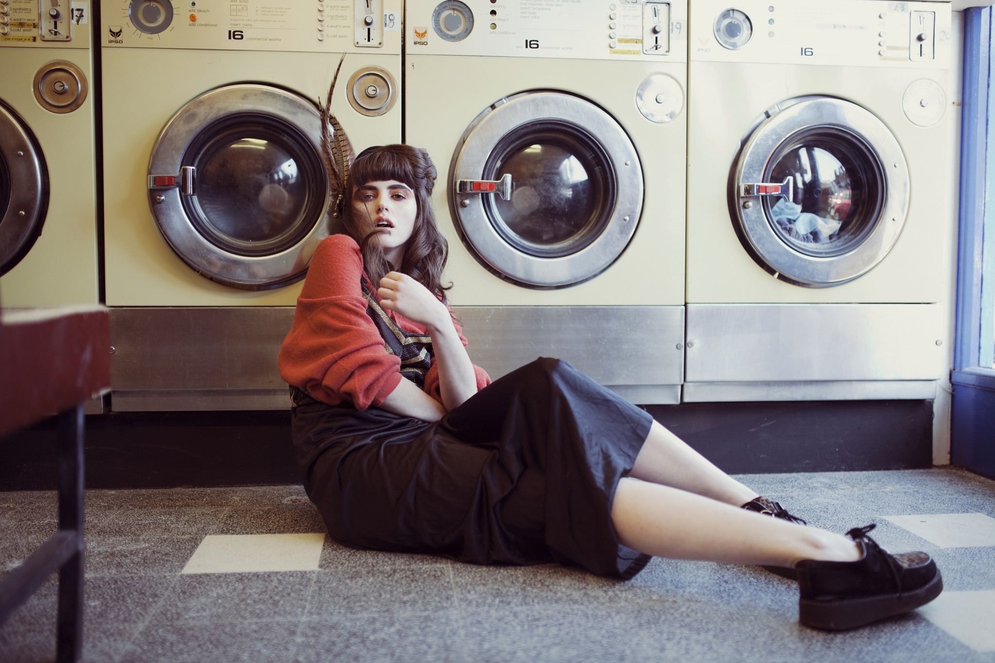 Women Brunette Skirt Sweater Laundry On The Floor Alexandra Cameron Model Washing Machine 2048x1365