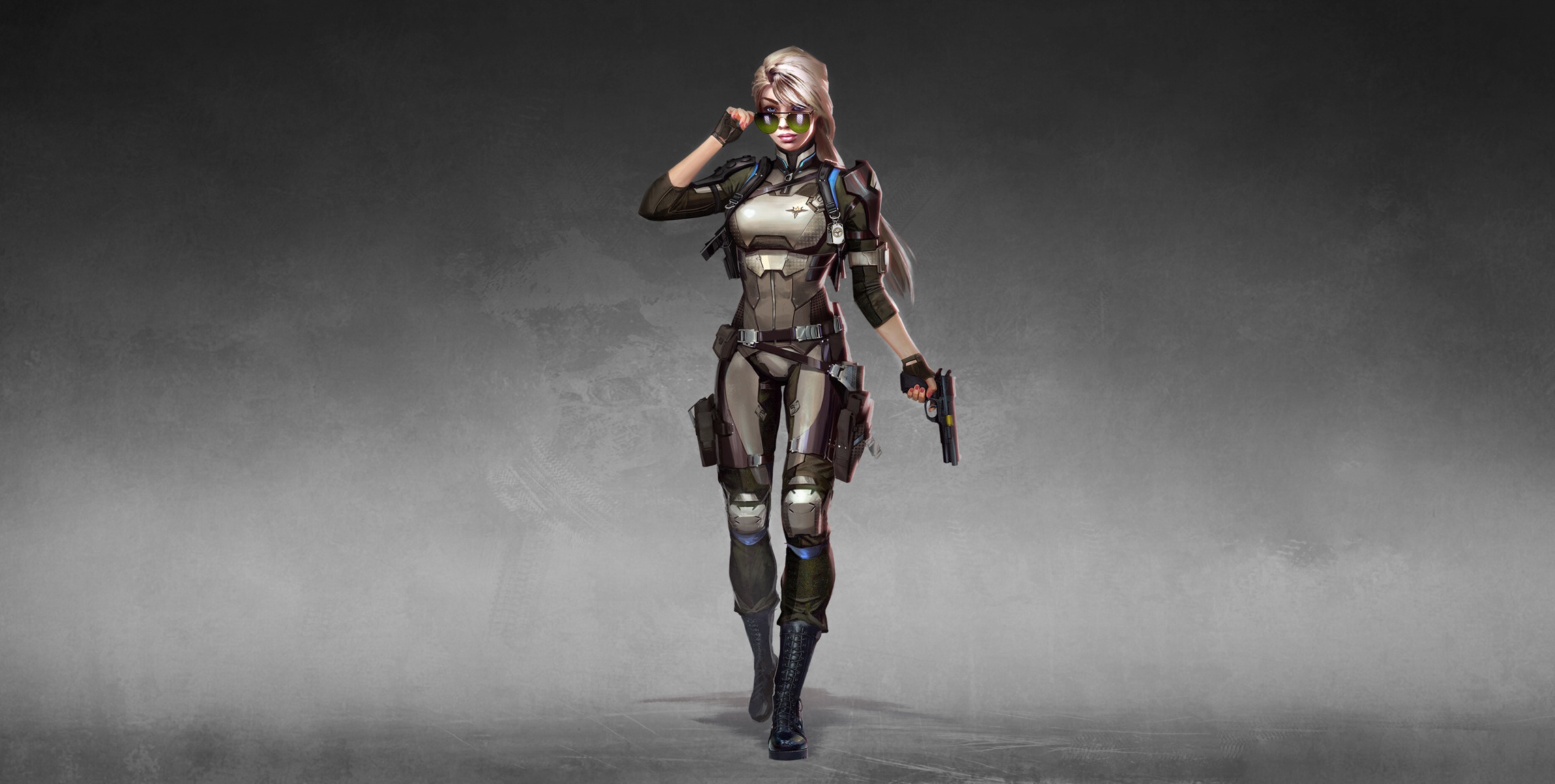 Gun Weapon Artwork Shades Simple Background Mortal Kombat Video Game Warriors Cassie Cage 2280x1150