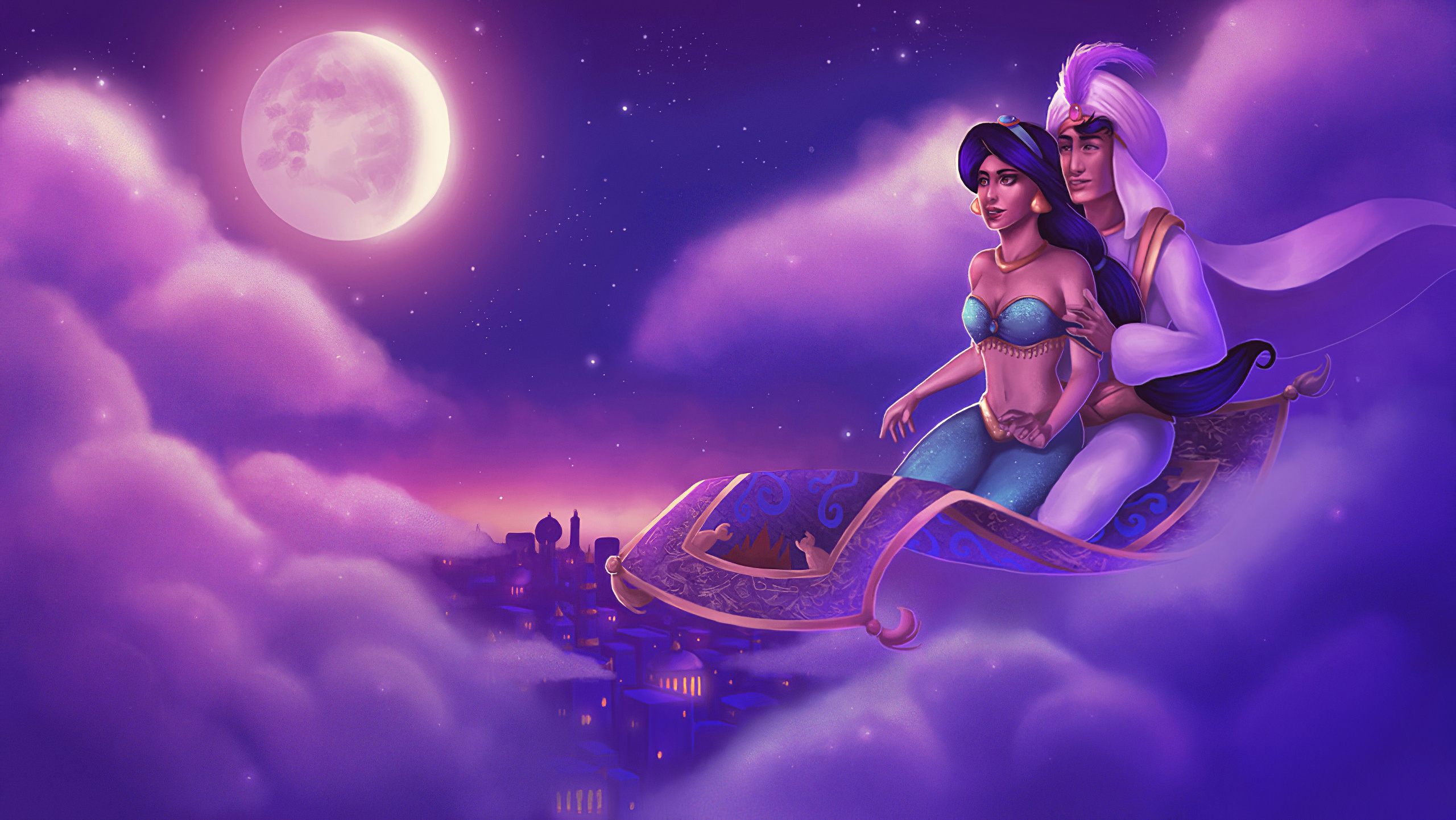Aladdin Cartoon Digital Fantasy Art Magic Carpet Jasmine Disney Fantasy Men Fantasy Girl Moon 2560x1442