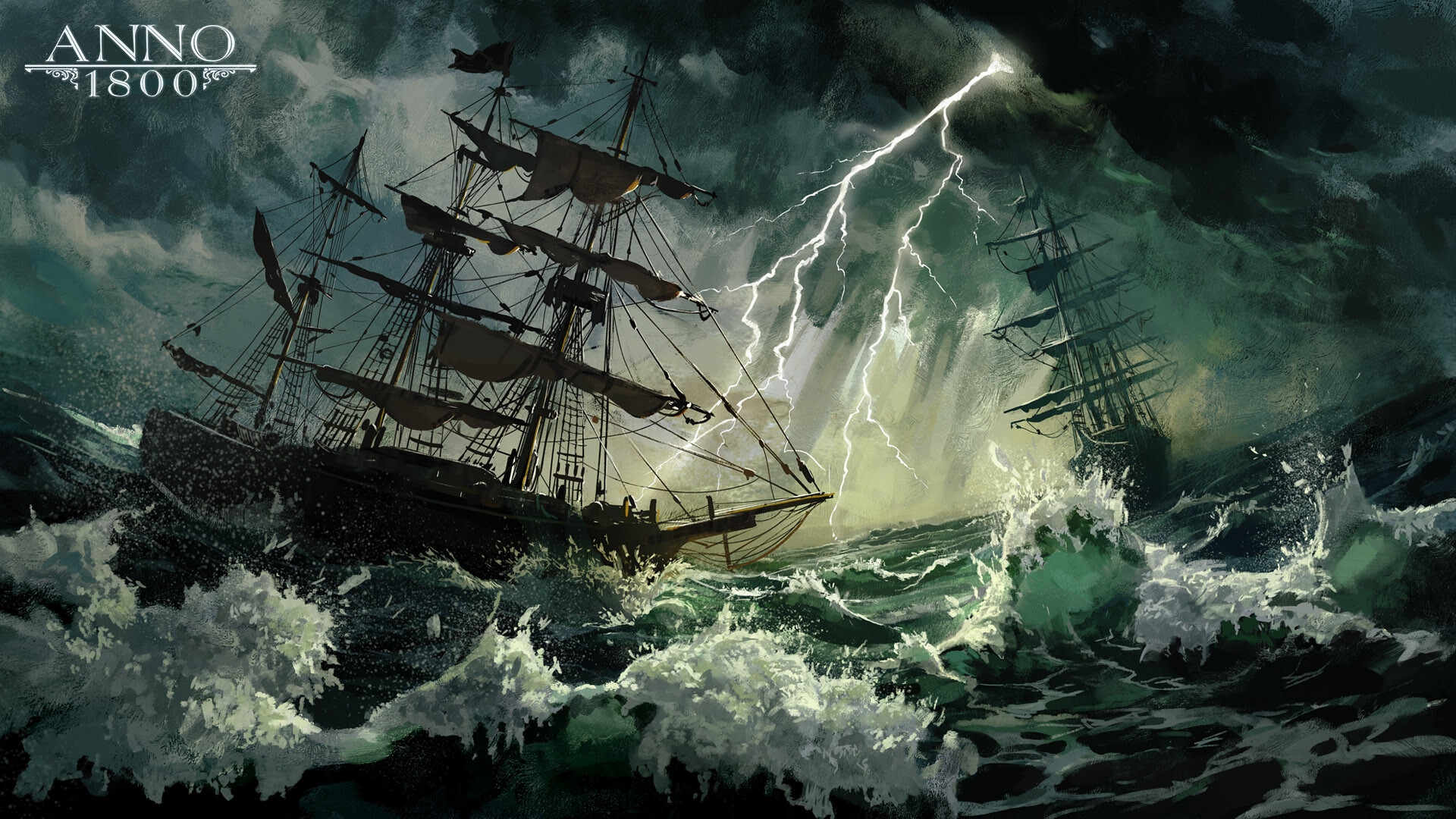 Anno 1800 1800s Digital Art Concept Art Artwork Ubisoft Ocean Battle Sailing Ship Storm Waves Lightn 1920x1080