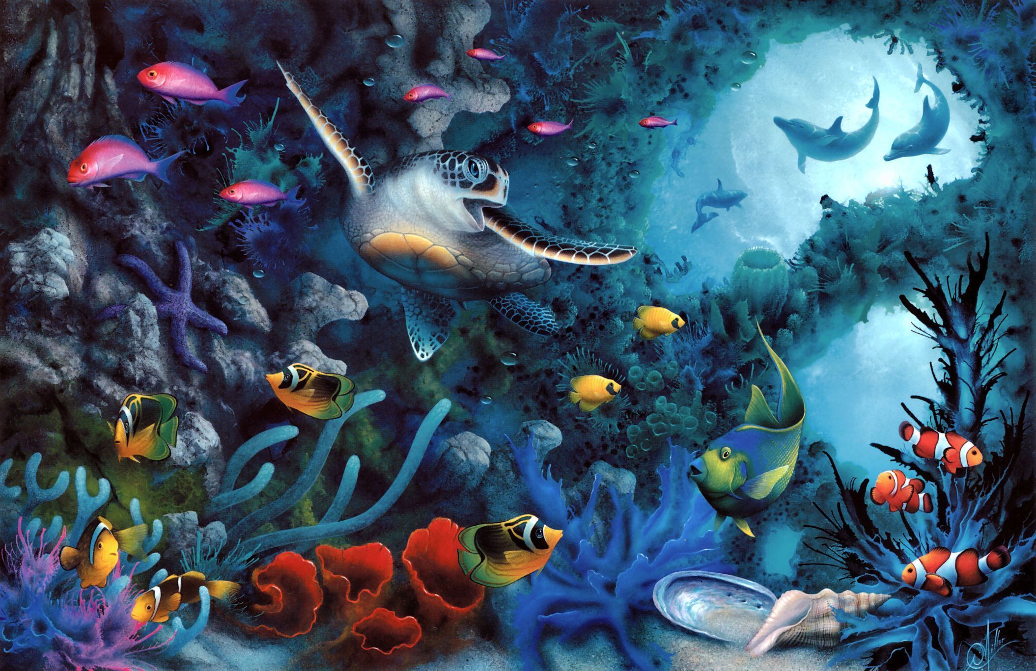 Ocean Artistic Turtle Fish Reef 2109x1367