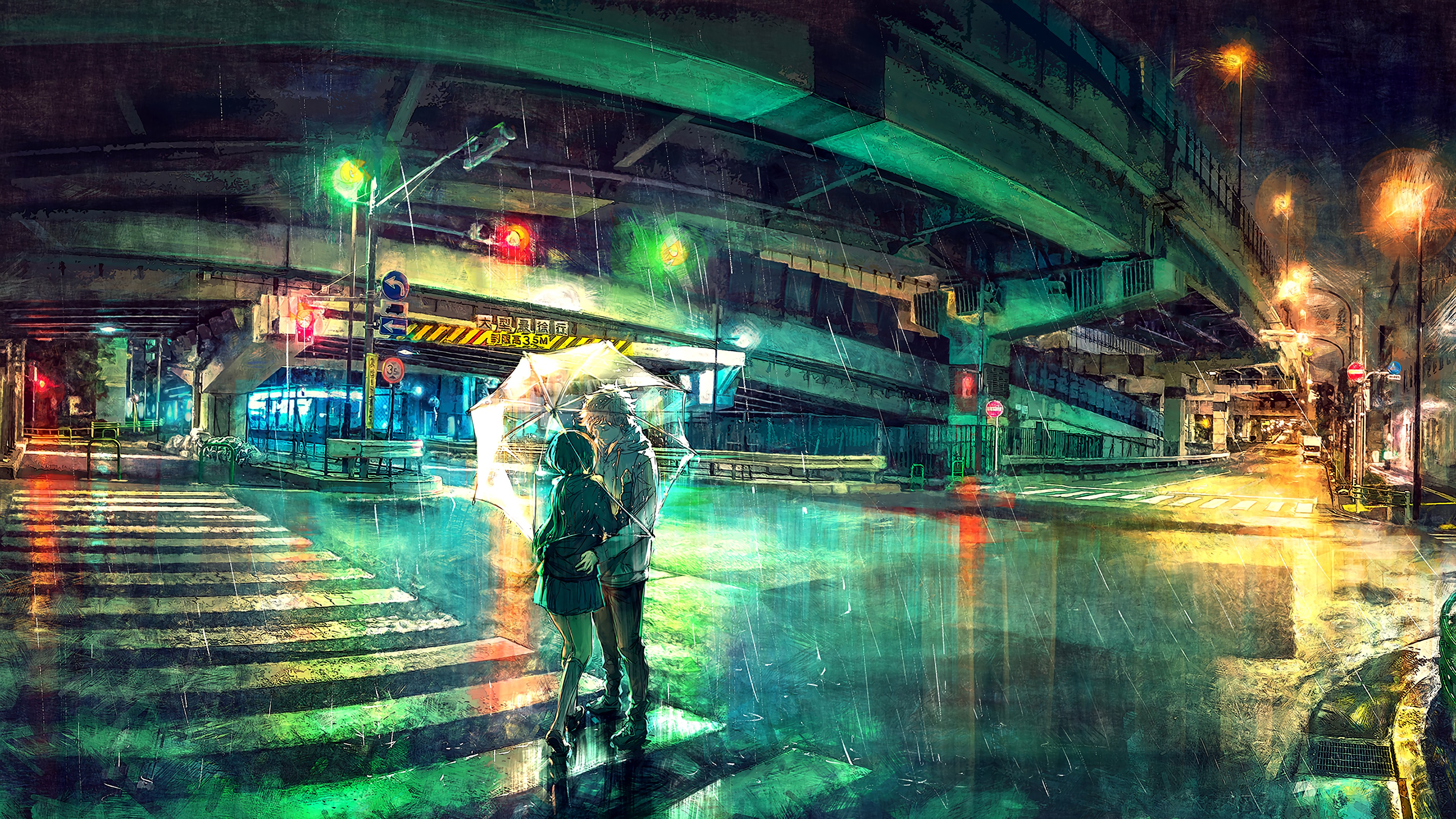 Colorful Overpass Umbrella Rain Night Lights 3840x2160