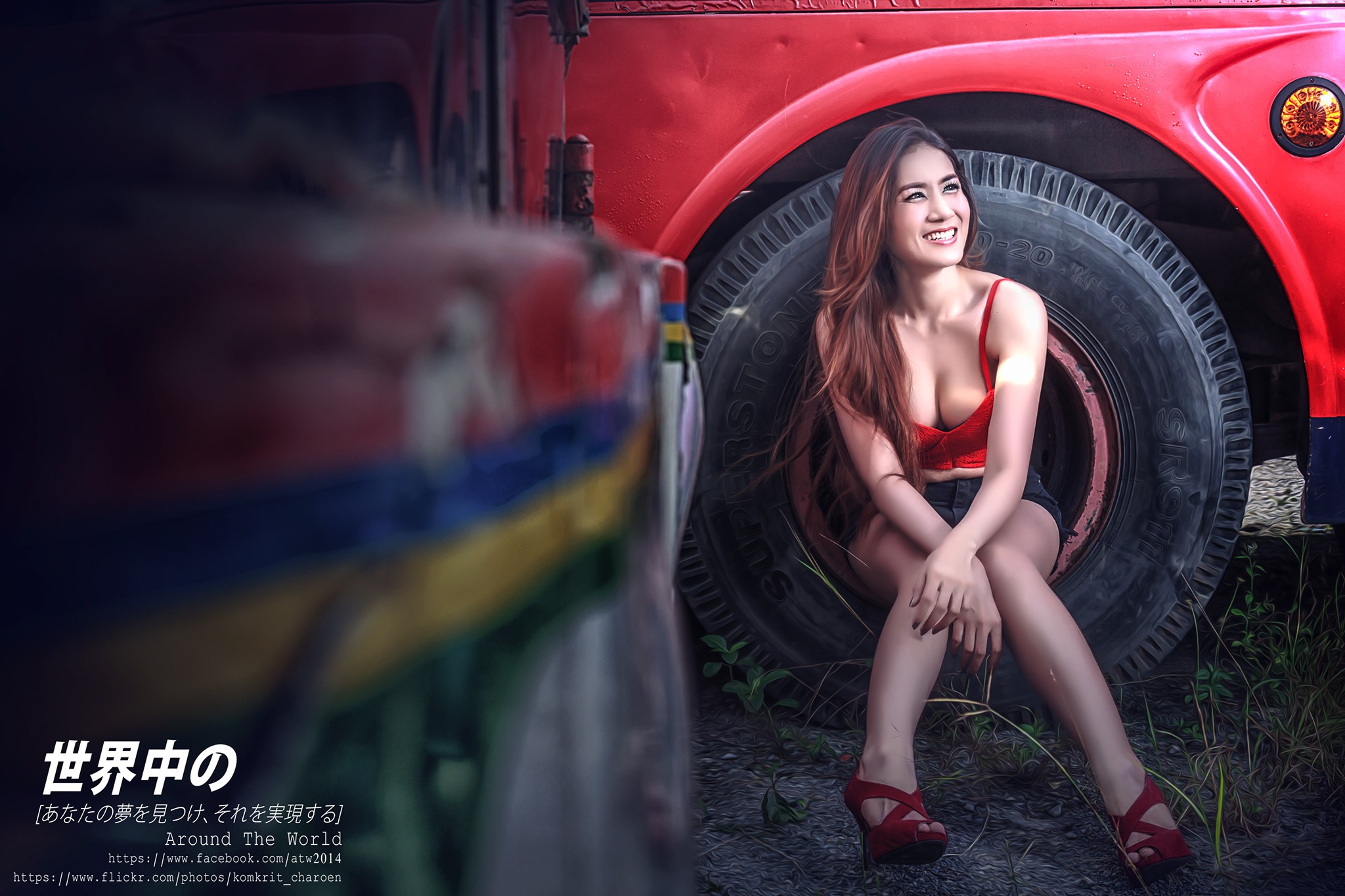 Red Tank Top Smiling Red Cars Shorts Red Heels 2048x1365