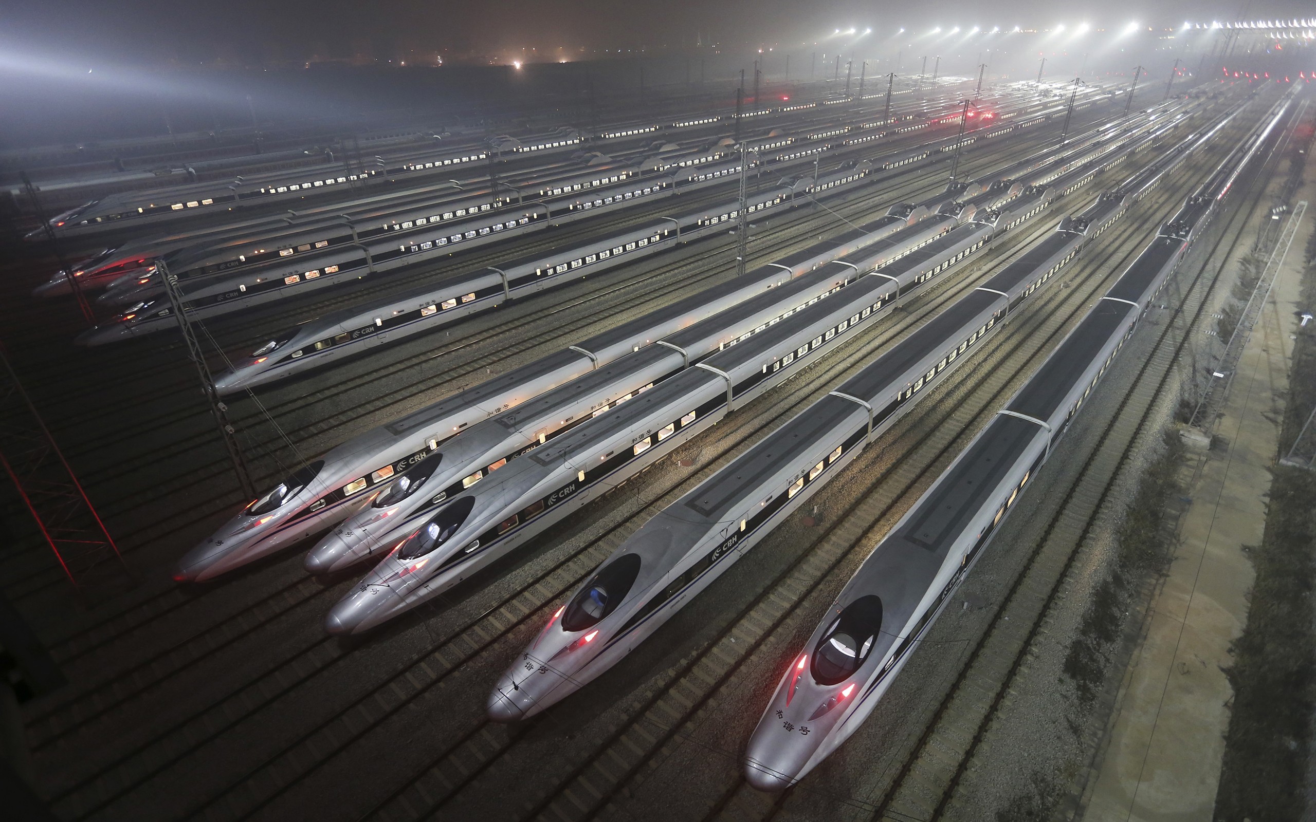 Train Rail Yard Night Lights China Transport Mist Vehicle 2560x1600