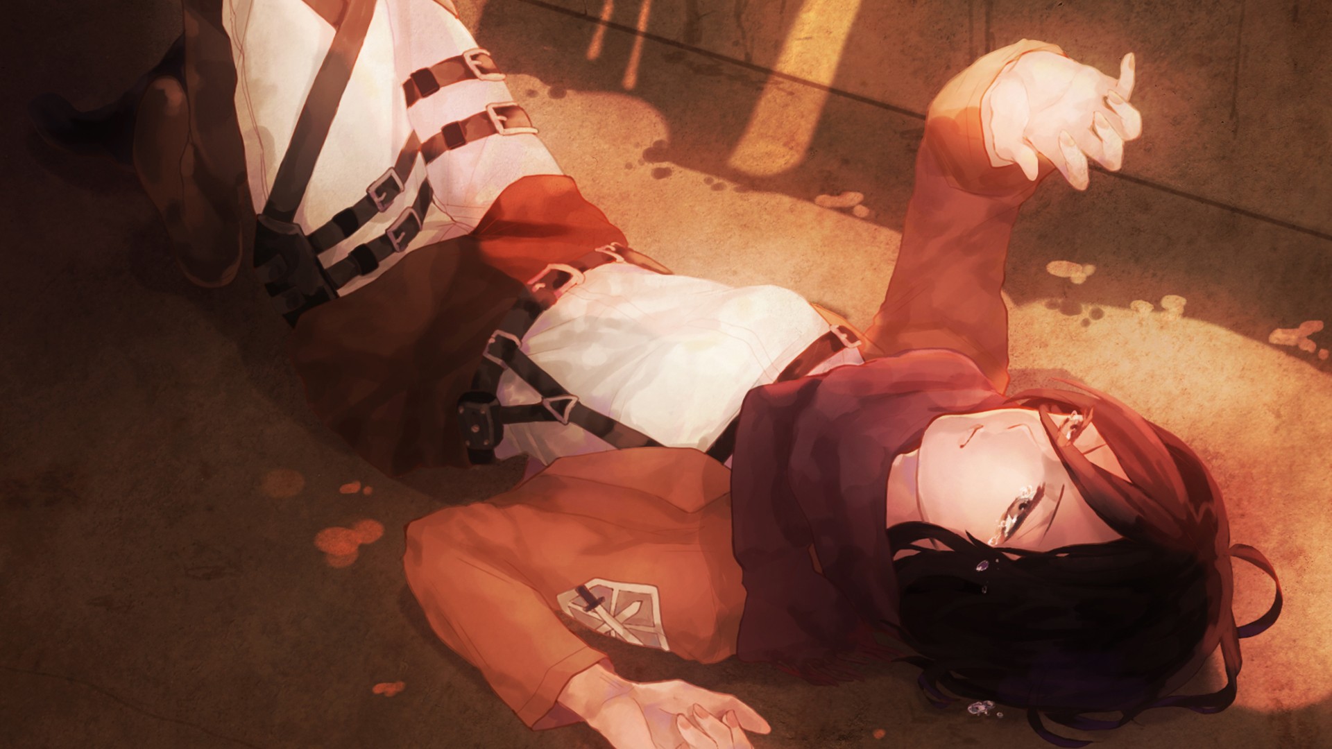 Mikasa Ackerman Girl Lying Down Tears Scarf Uniform Jacket Belt Attack On Titan Shingeki No Kyojin S 1920x1080