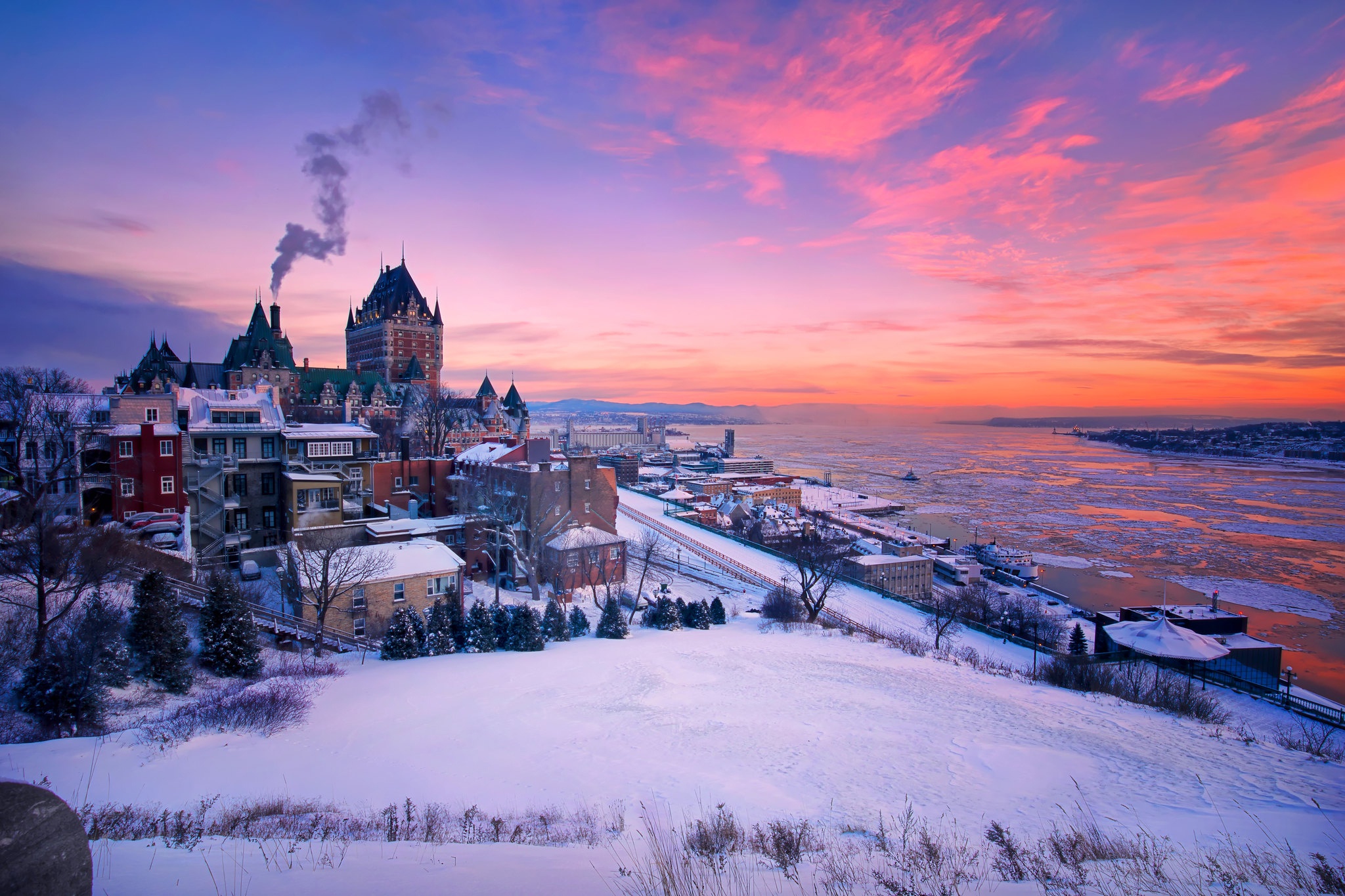 Canada Quebec Winter Cold Sky Chateau Frontenac 2048x1365