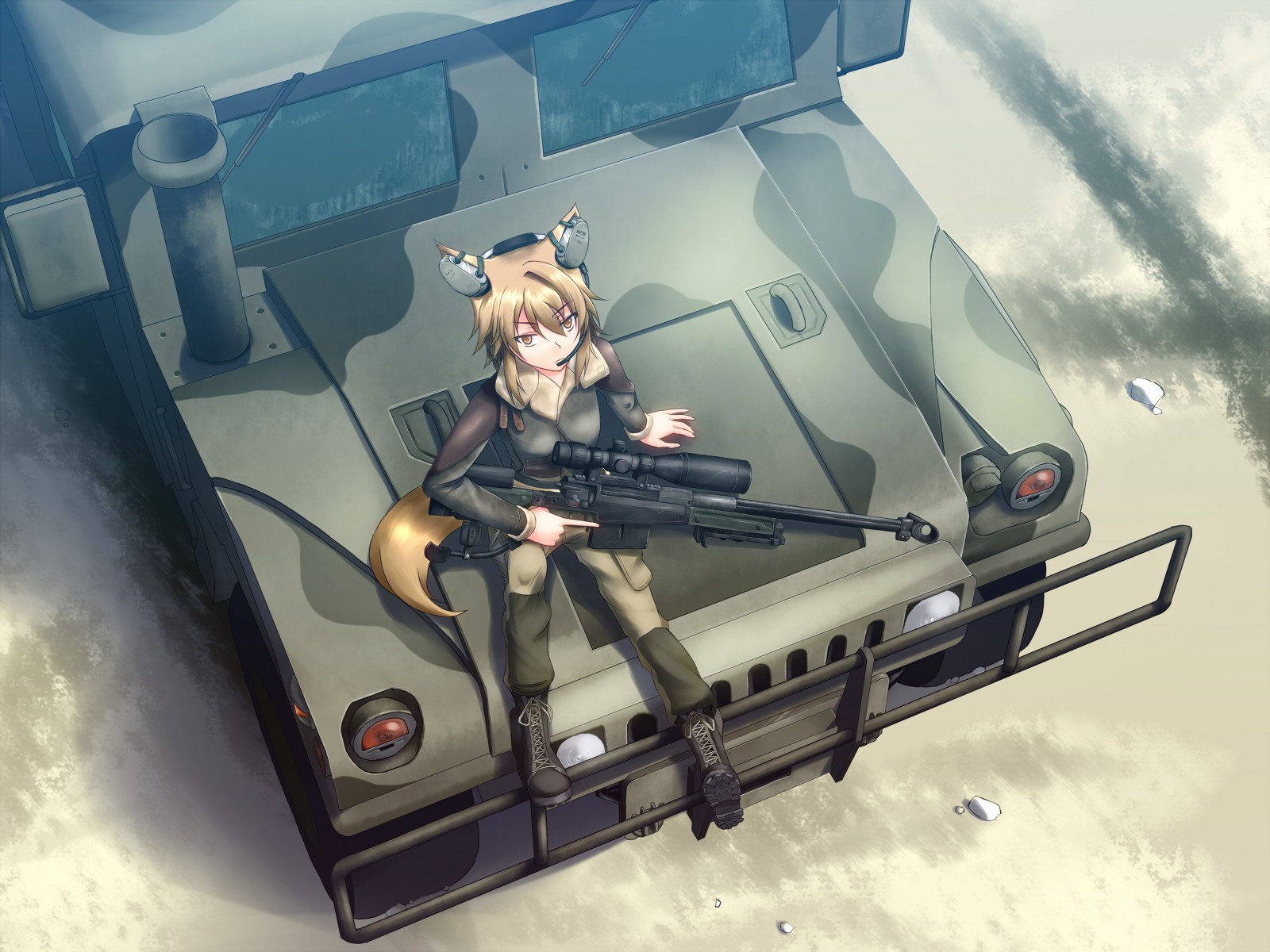 Anime Anime Girls Gun Weapon Humvee Animal Ears Sniper Rifle Barrett M82 1600x1200