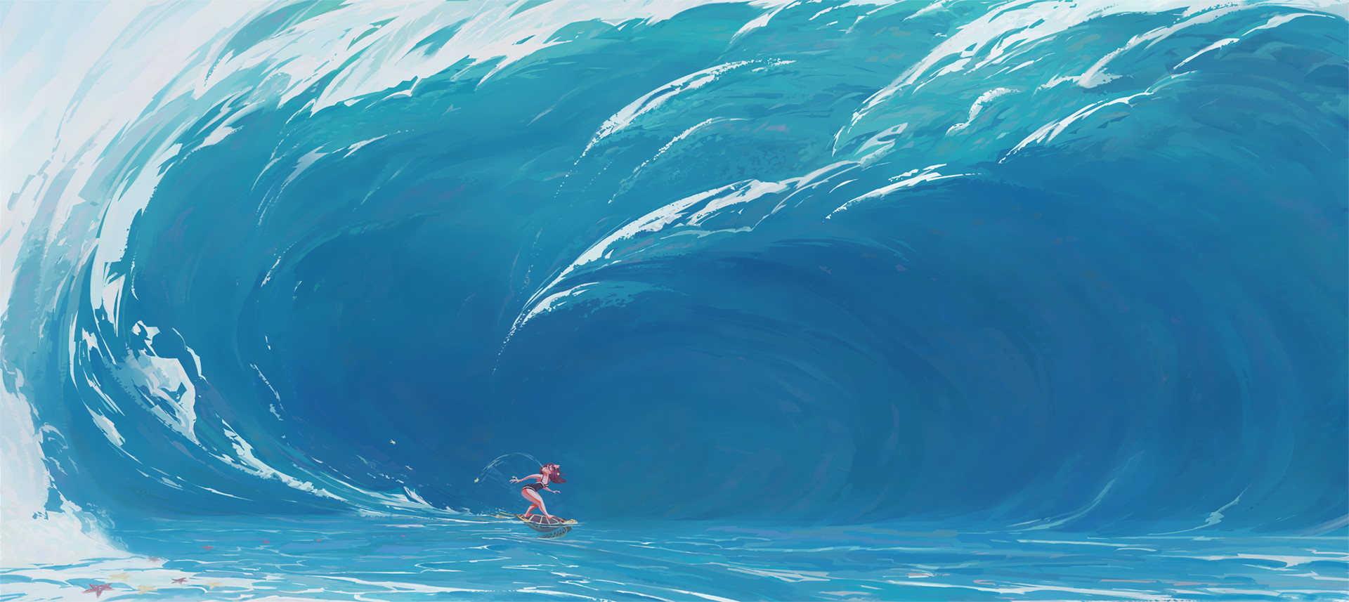Slawek Fedorczuk Concept Art Sea Waves Foam Women Turtle Water Giant Surfing Blue 1920x857