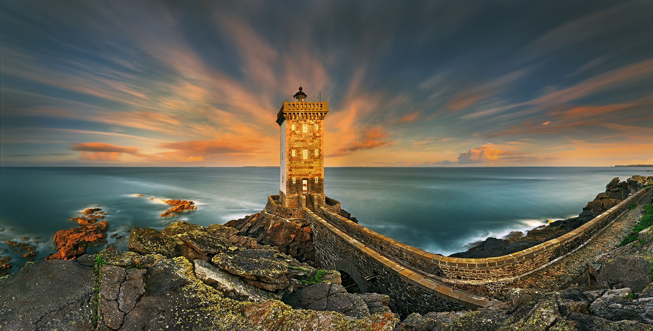 Nature Landscape Water Clouds Sea Lighthouse Horizon Rock Long Exposure Bridge Cliff Ancient France  2130x1080