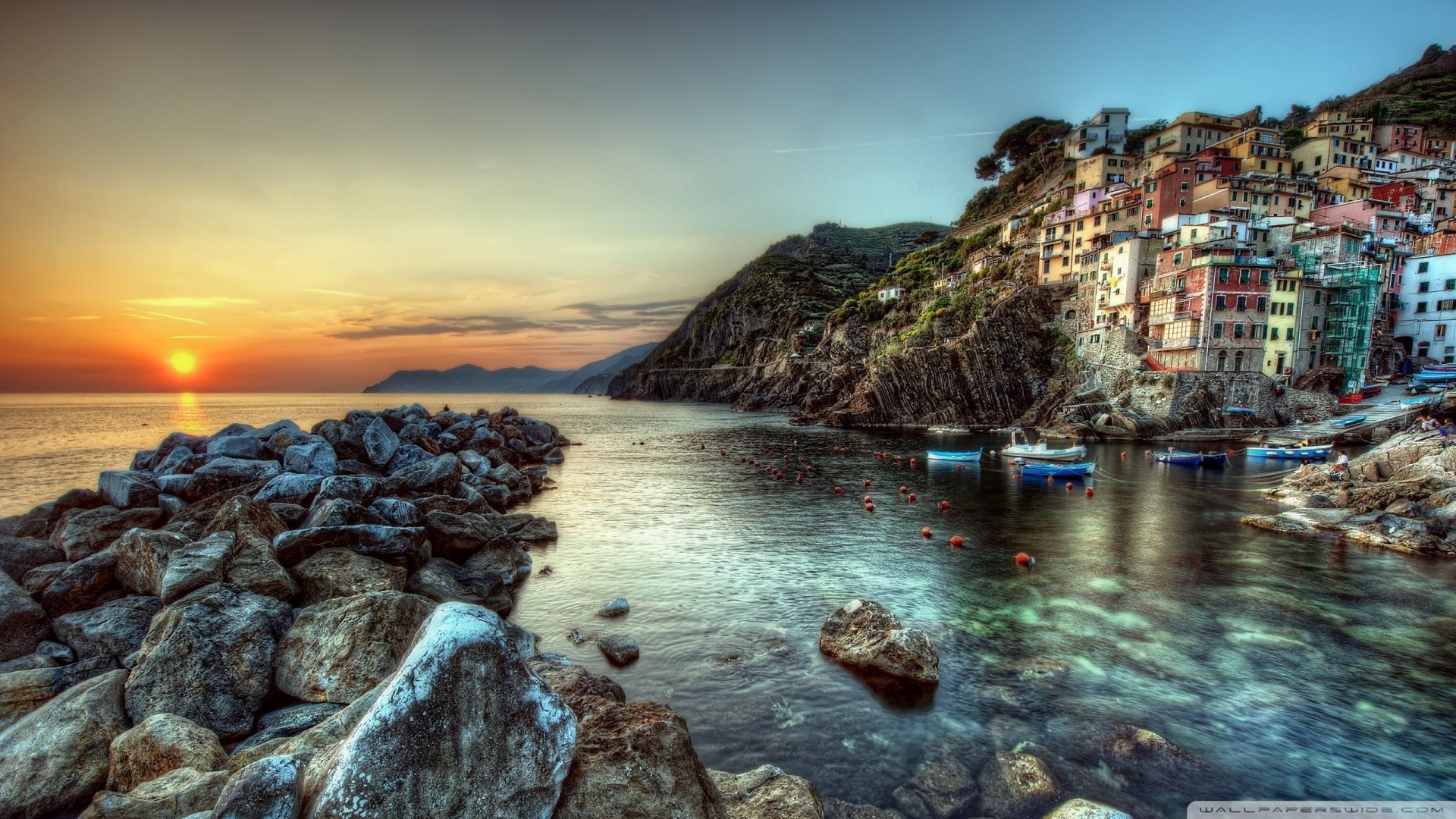 HDR Cinque Terre Riomaggiore Town Sea Landscape Sunset Coast Breakwater 1920x1080