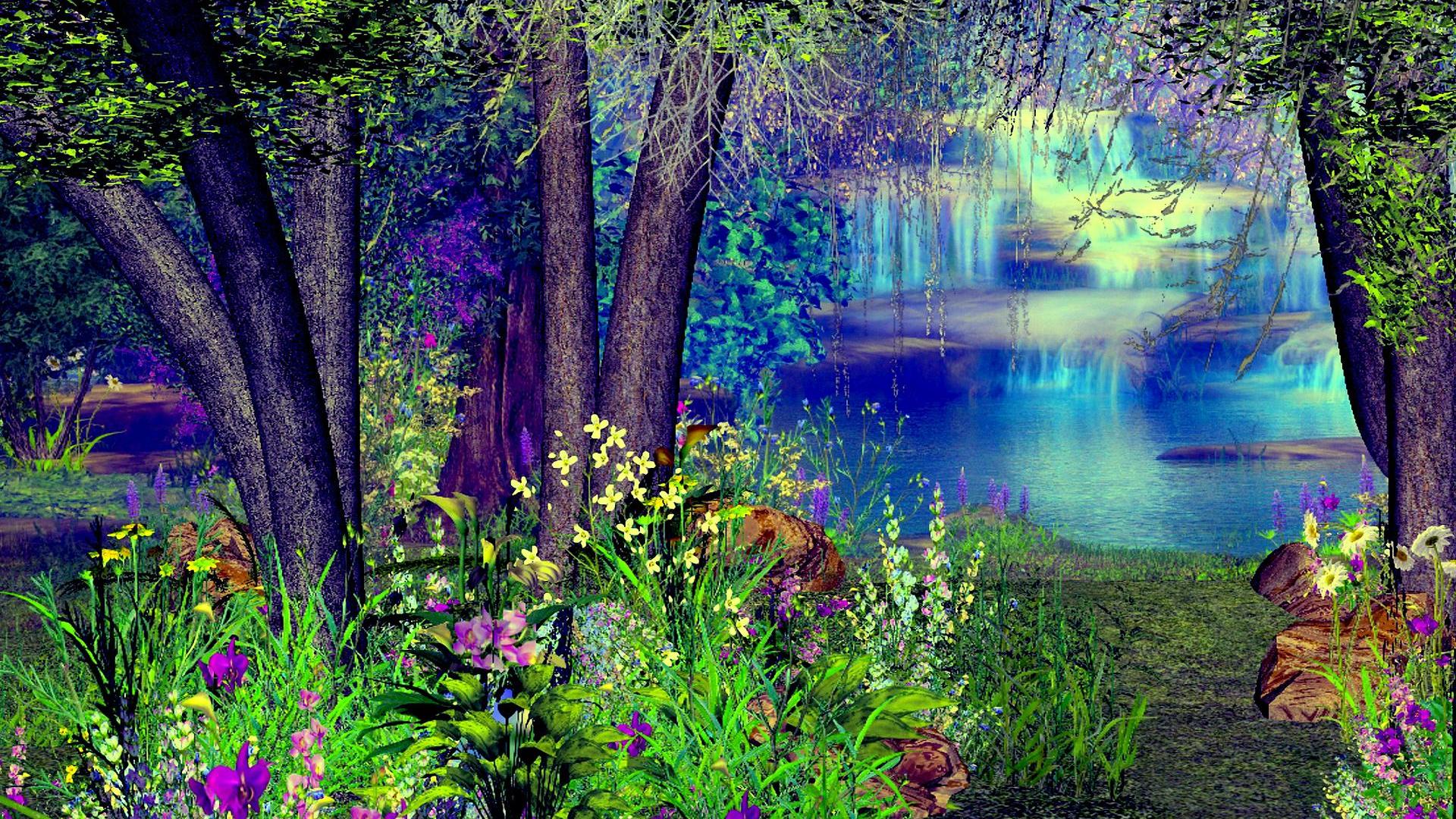 Artistic Lake Waterfall Tree Colors Colorful Mystic Fantasy 1920x1080