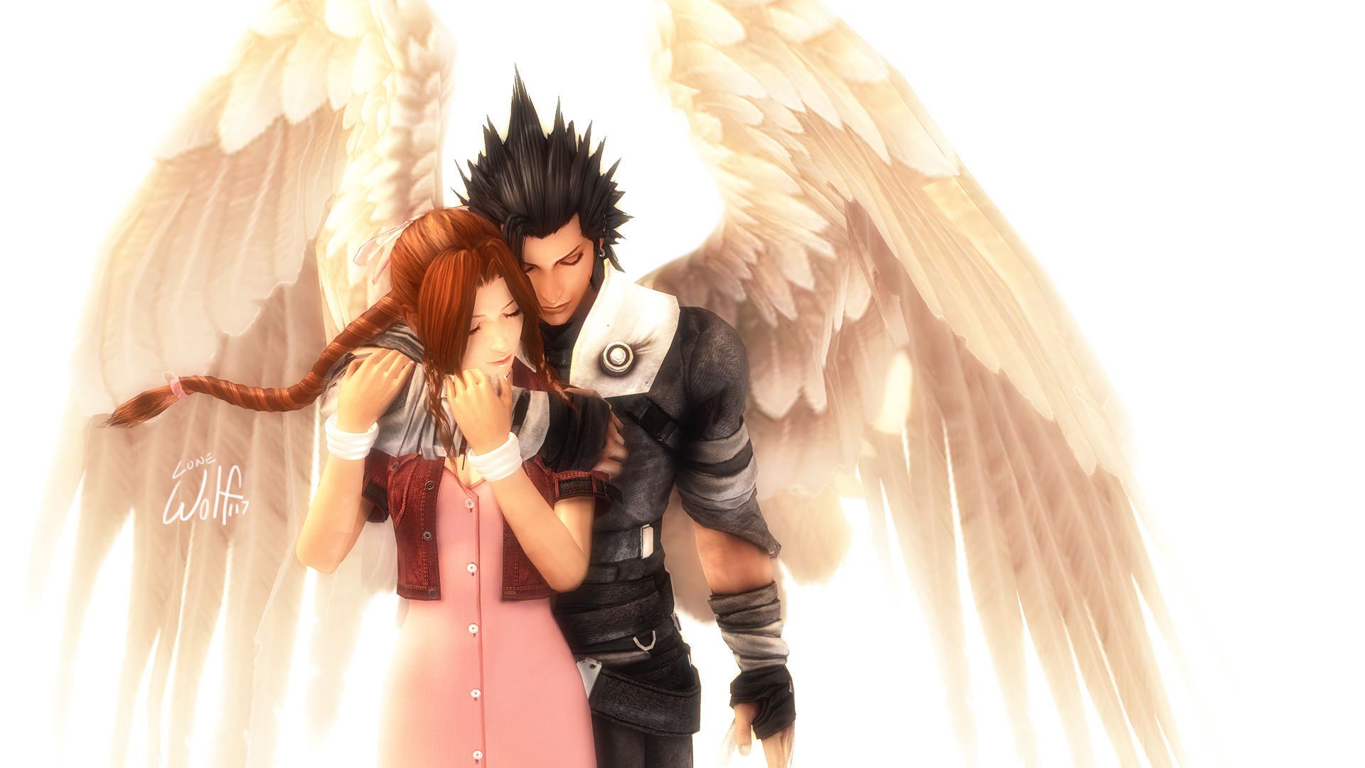 Final Fantasy X Aerith Gainsborough Angel Wings Red Hair Ponytail Long Hair Zack Fair 1920x1080