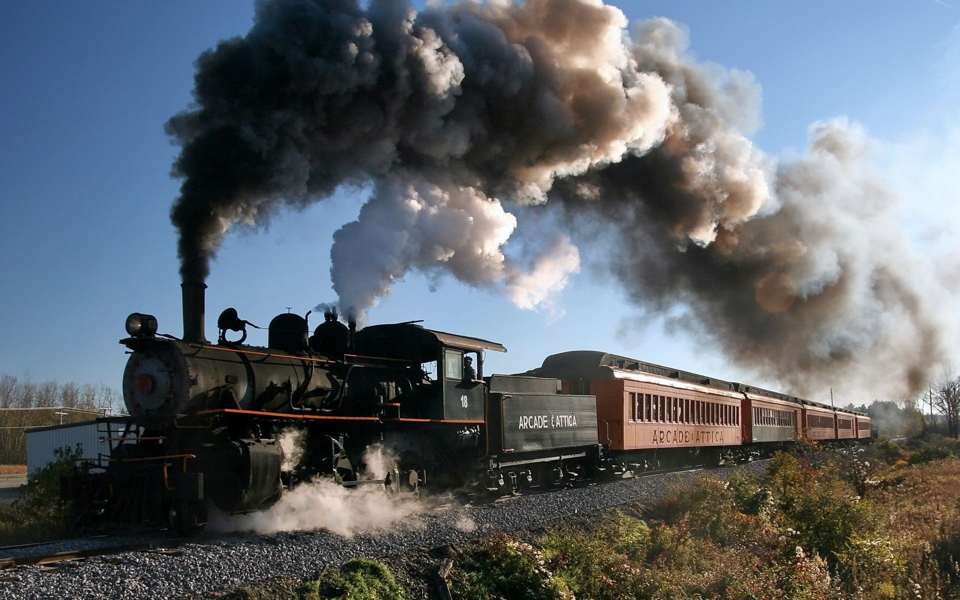 Railway Train Vehicle Steam Locomotive Smoke Trees Plants New York State USA Men Rail Yard 1920x1200