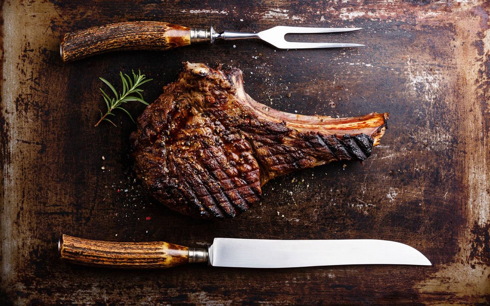 Food Steak Meat Fork Knife Cow Flesh Muscles Animals Rosemary Salt Black Pepper Spice Cutting Board  1600x1000