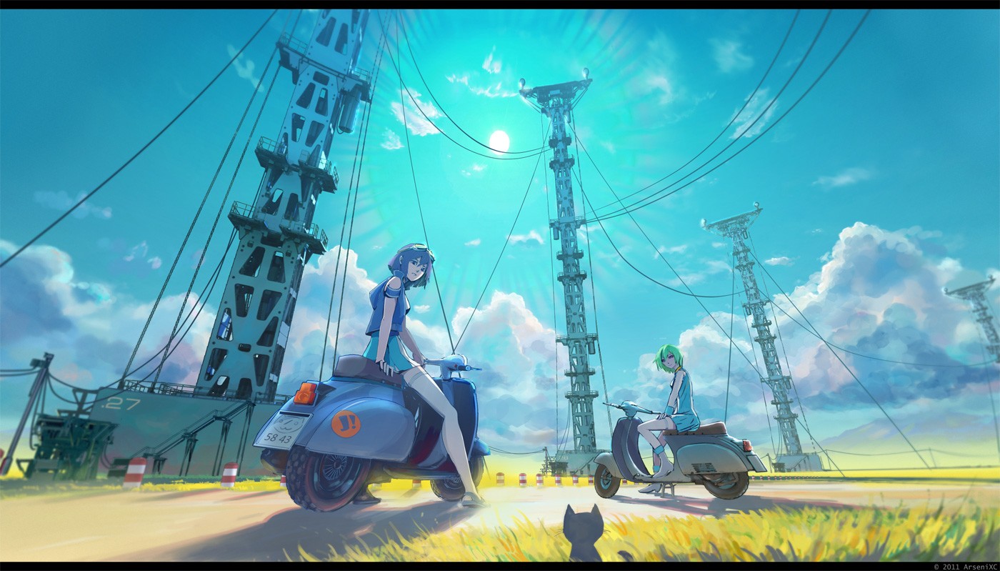 Anime Girls Sky Vehicle 2011 Year Clouds Cyan 1400x799