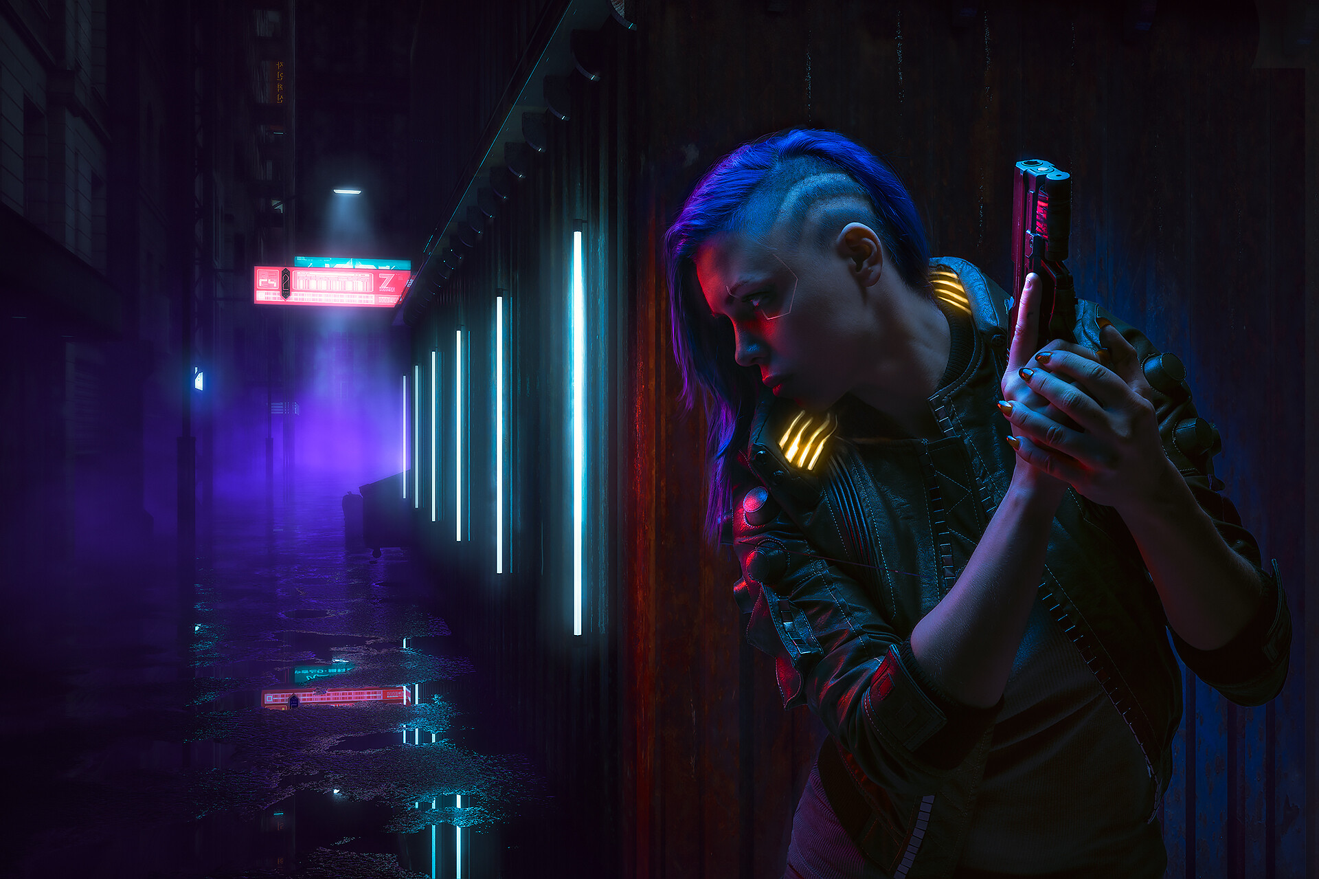 Cyber Cyberpunk Futuristic Women Neon Pistol Cyberpunk 2077 Gun Sidecut 1920x1279