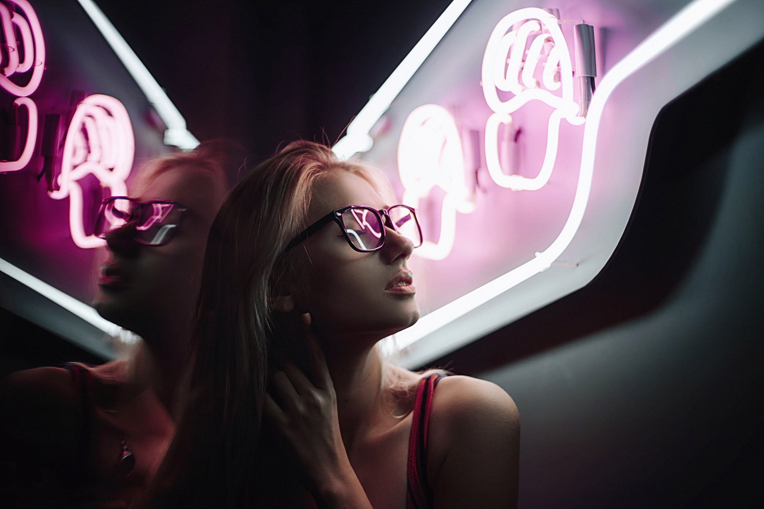 Women Model Blonde Closed Eyes Women With Glasses Glasses Reflection Neon Neon Lights Portrait Face  2560x1707
