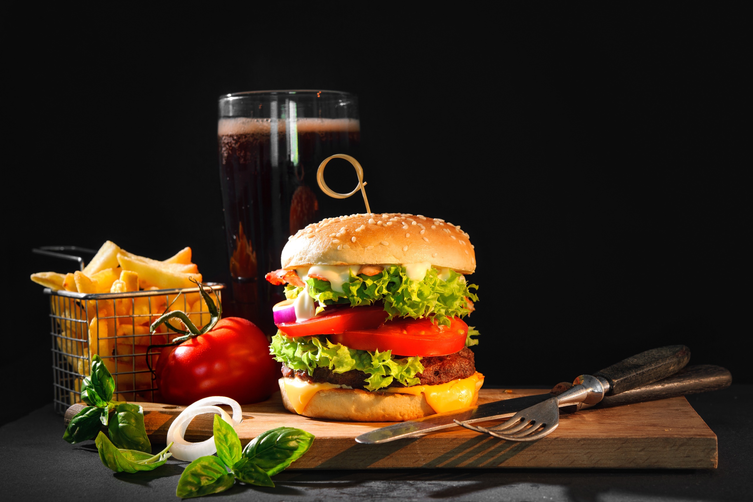 Food Burgers Fork Knife Fries Tomatoes Meat Animals Death Cow Flesh Cutting Board Onion Lettuce Basi 2560x1707