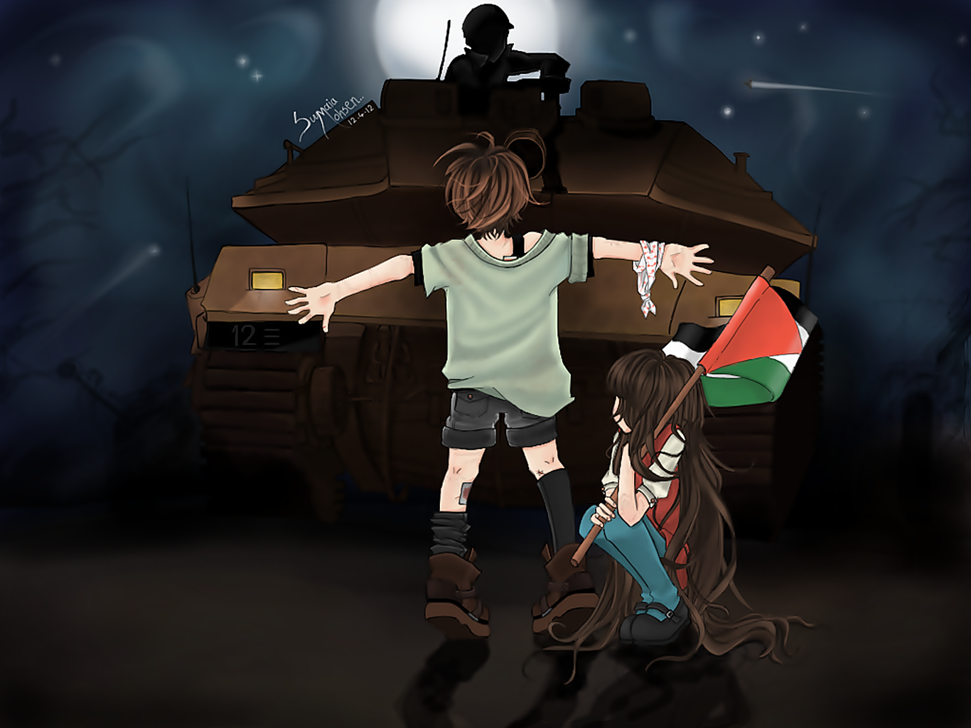 Palestine Caricature Tank Children Flag 1366x1025