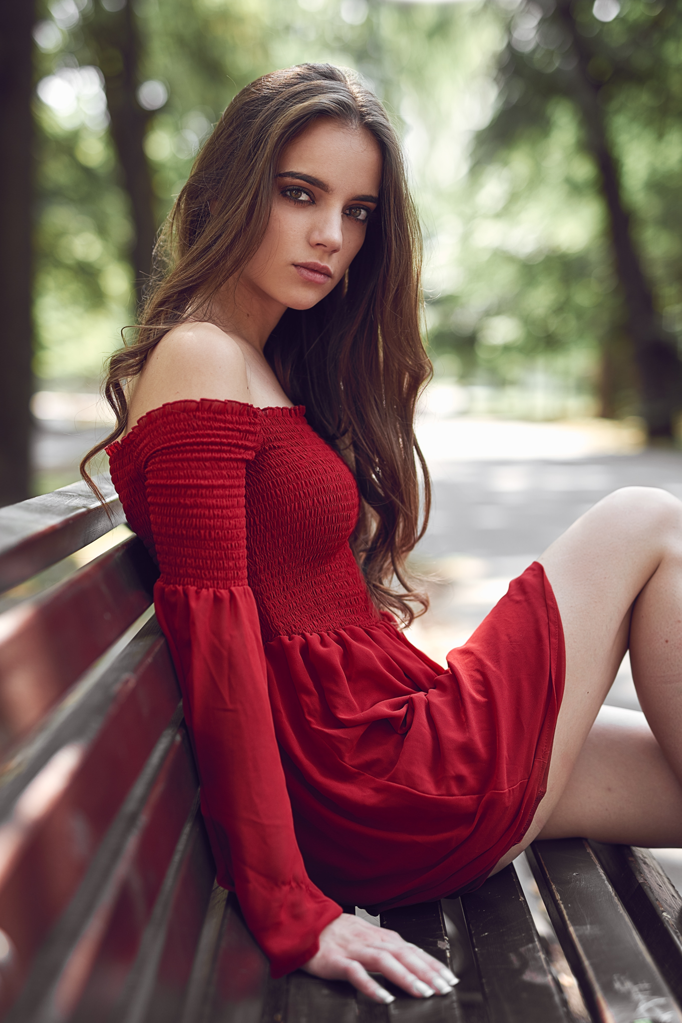 Women Outdoors Face Portrait Display Women Looking At Viewer Bokeh Bare Shoulders Brunette Dress Sit 1366x2048