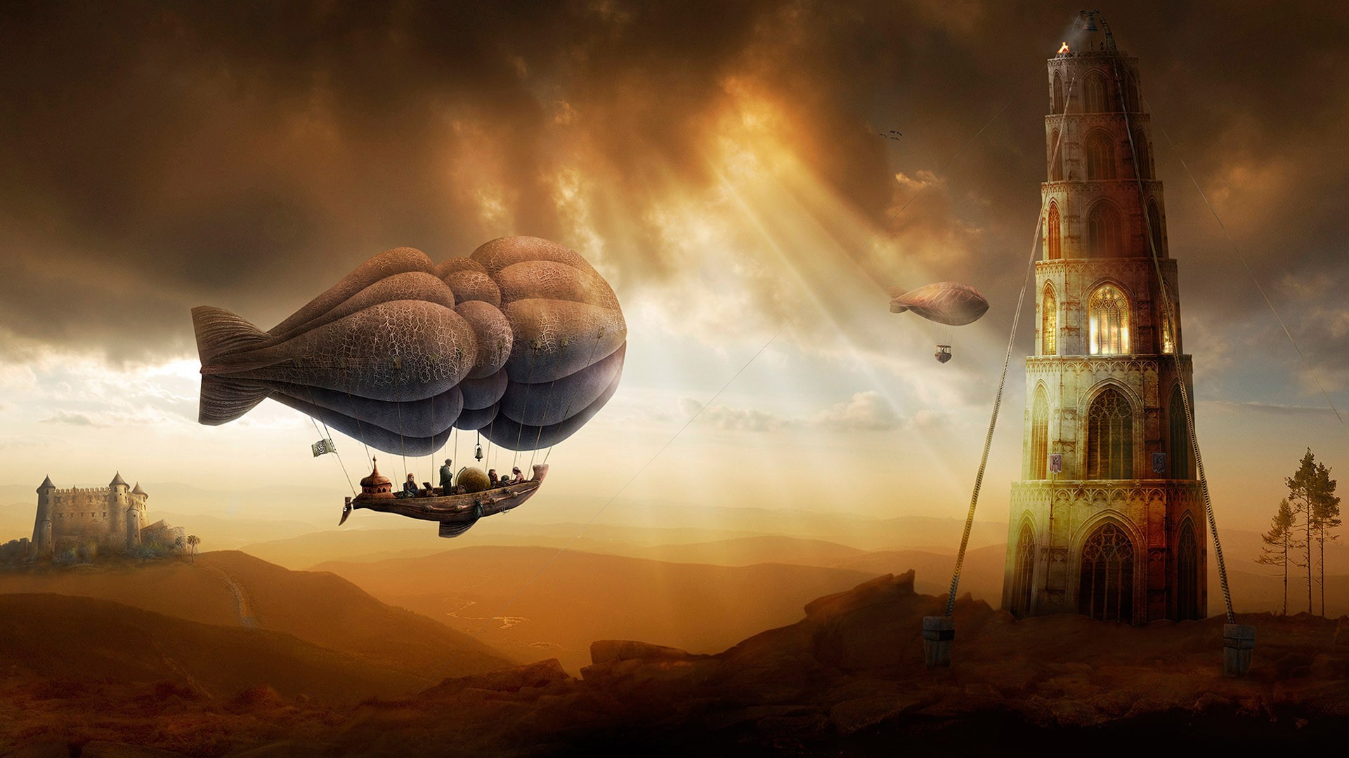 Digital Art Fantasy Art Nature Painting Zeppelin People Trees Tower Castle Hills Clouds Sun Rays Lan 1920x1080