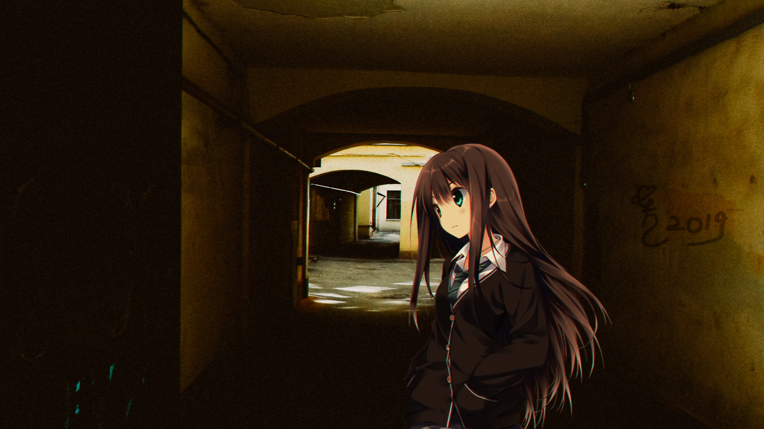 Anime Anime Girls Anime Irl Dark Tunnel Backyard 2536x1426