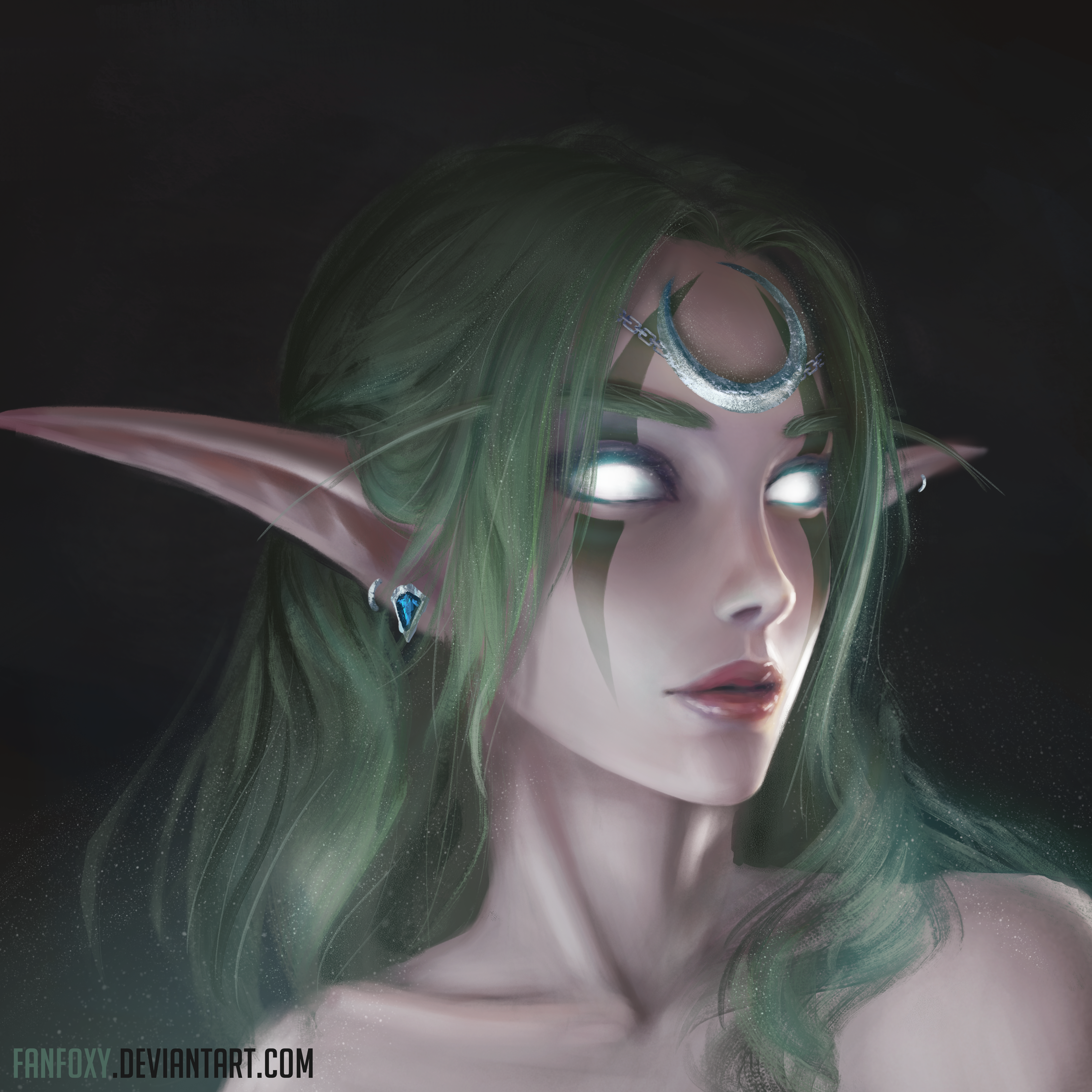 Drawing Night Elves Fanfoxy Women Elves Warcraft Long Hair Wavy Hair Green Hair Bright Glowing Eyes  4000x4000