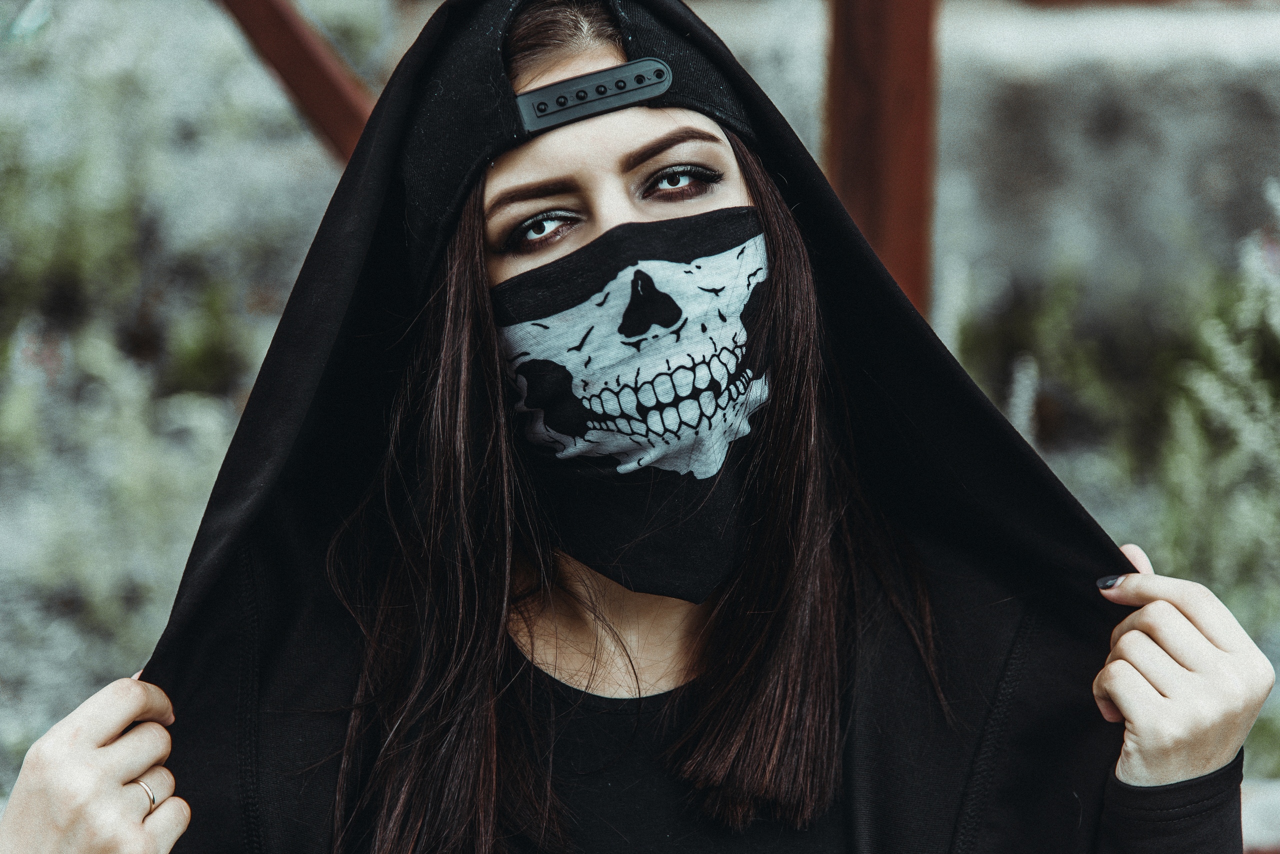Women Baseball Caps Hoods Black Clothing Outdoors Contact Lenses Mask Skeleton Skull Women Outdoors 2560x1709