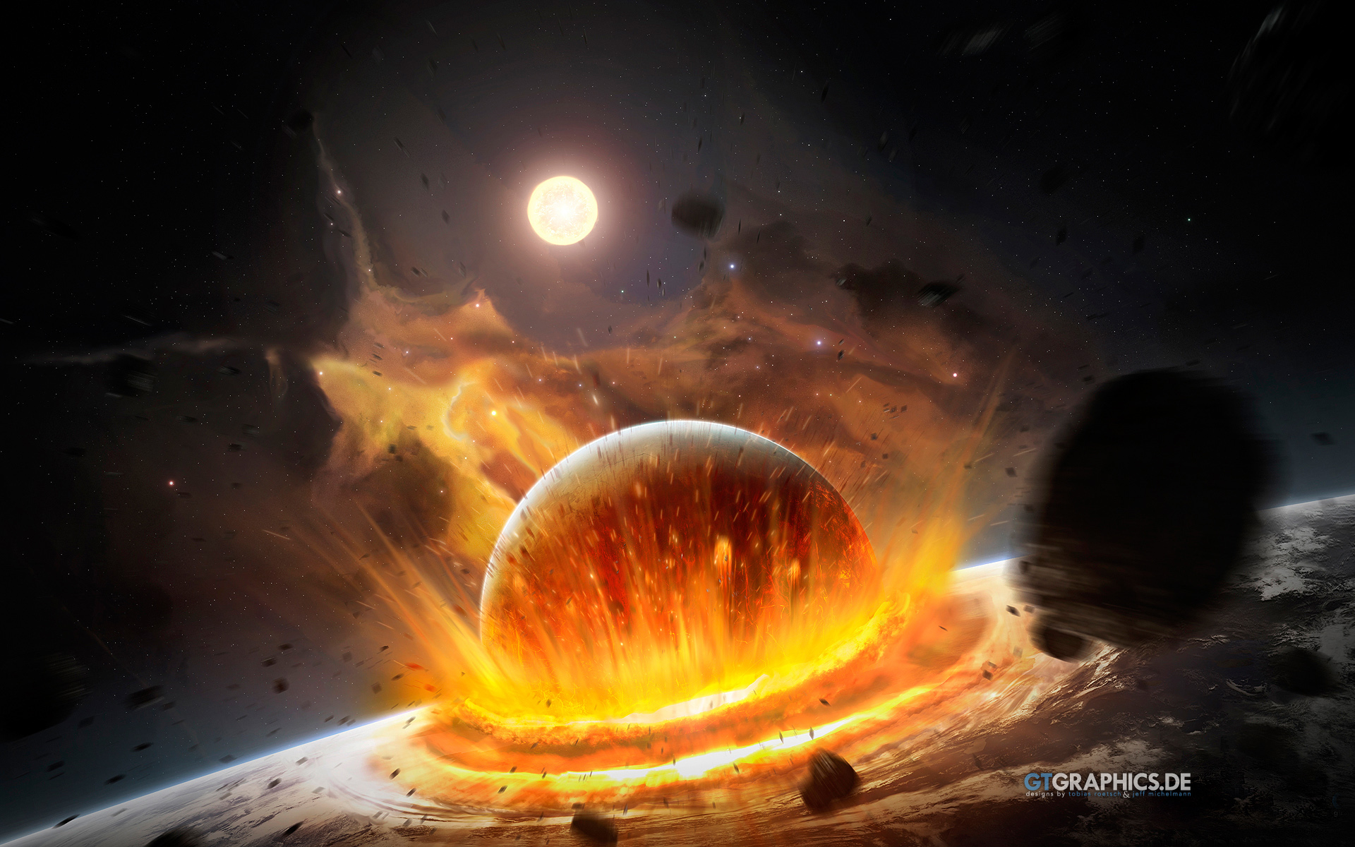 Sci Fi Collision Explosion Planet Moon Asteroid 1920x1200