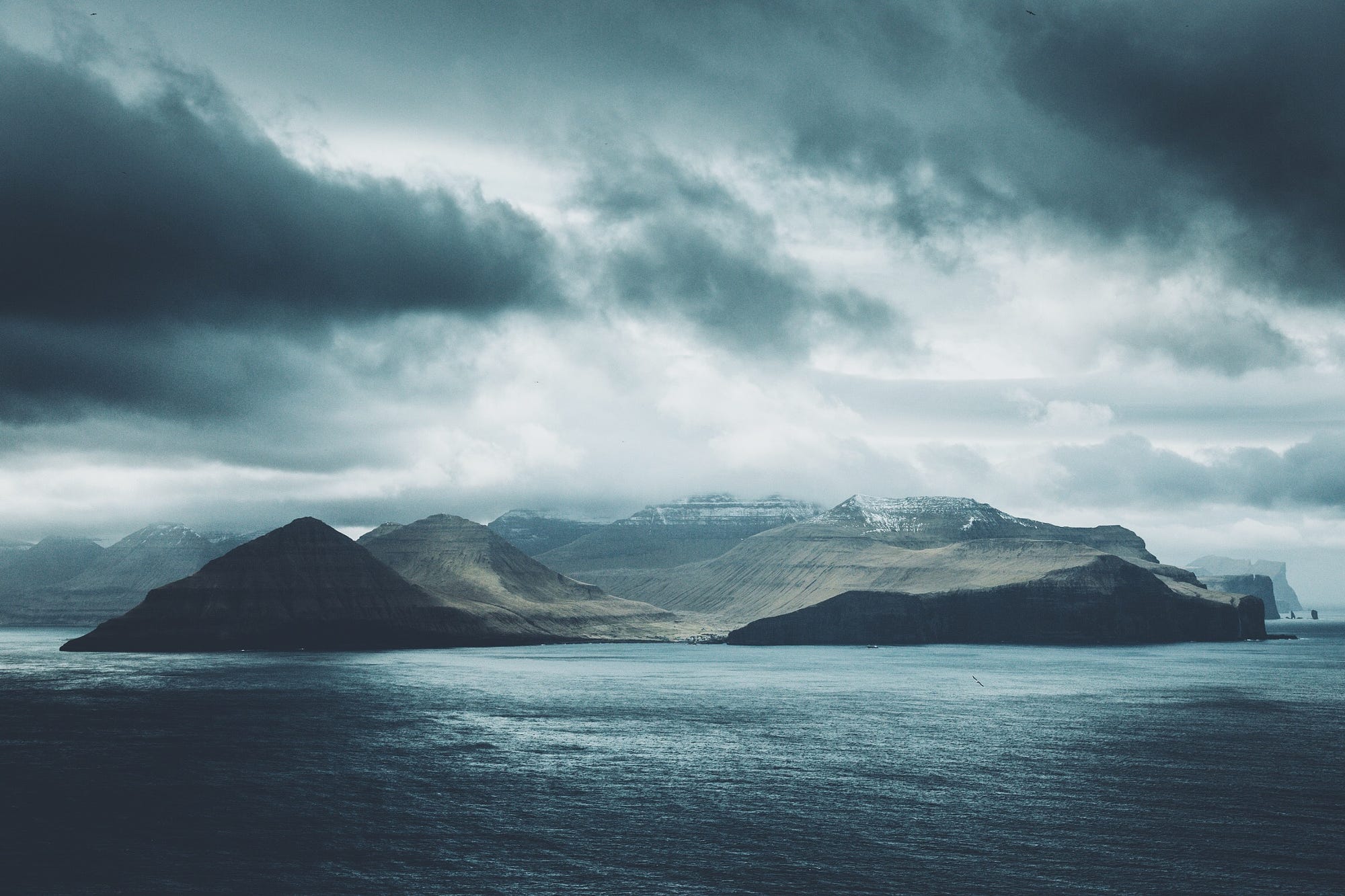 Mountains Clouds Mist River Faroe Islands Rain Storm 2000x1333