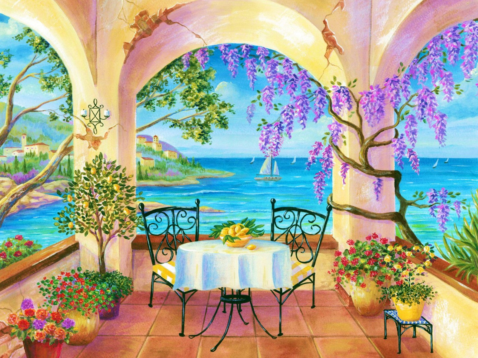 Artistic Painting Porch Columns Flower Ocean Tropical 1600x1200