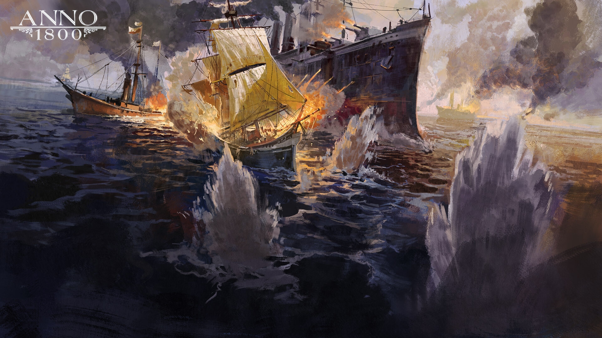 Anno 1800 1800s Digital Art Concept Art Artwork Ubisoft Sailing Ship Battleships Ocean Battle Explos 1920x1080