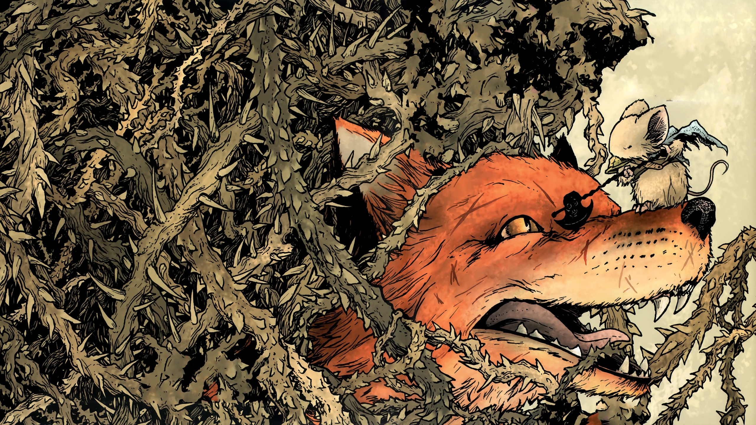 Mice Fox Knight Thorns Bushes Scars Fantasy Art 2560x1440