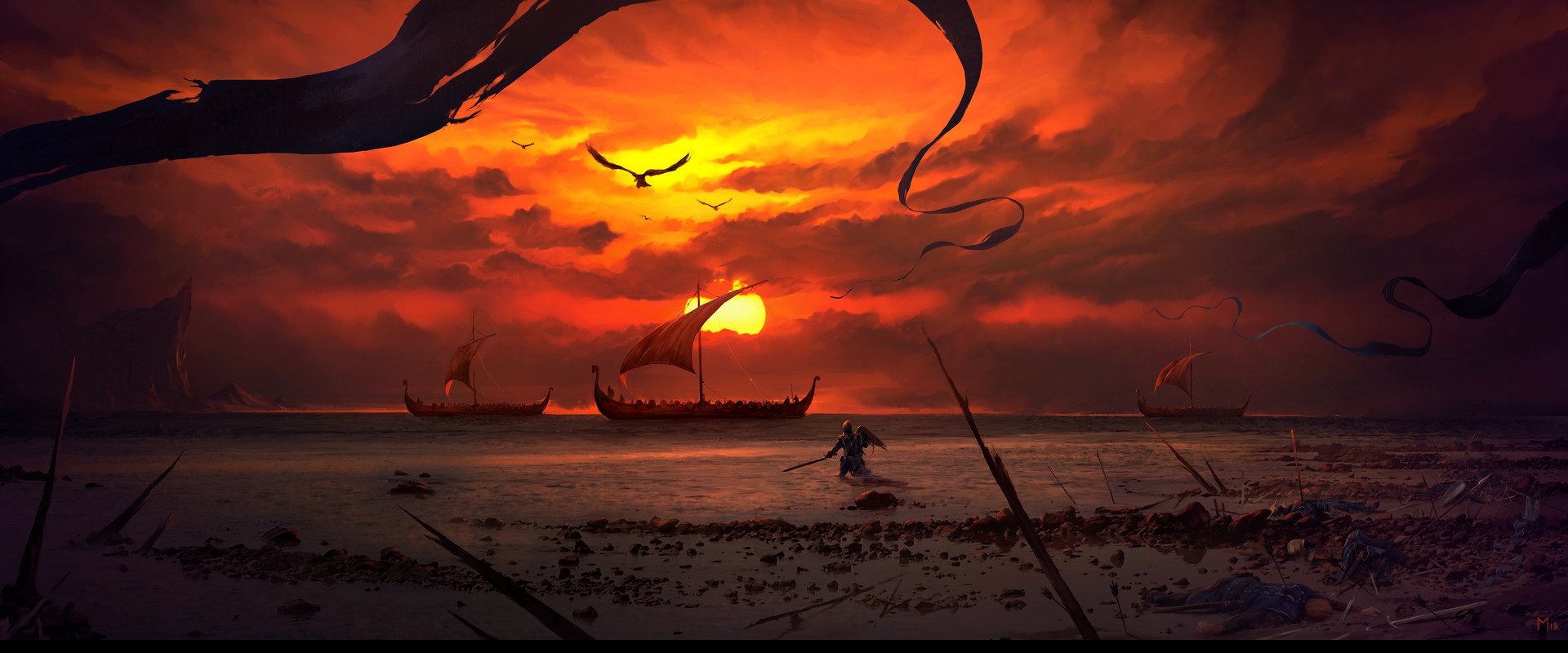 Digital Art Artwork Sunset Dominik Mayer Beach Battlefields Ship Sea Fantasy Art Dark Fantasy Sun Sk 1920x800