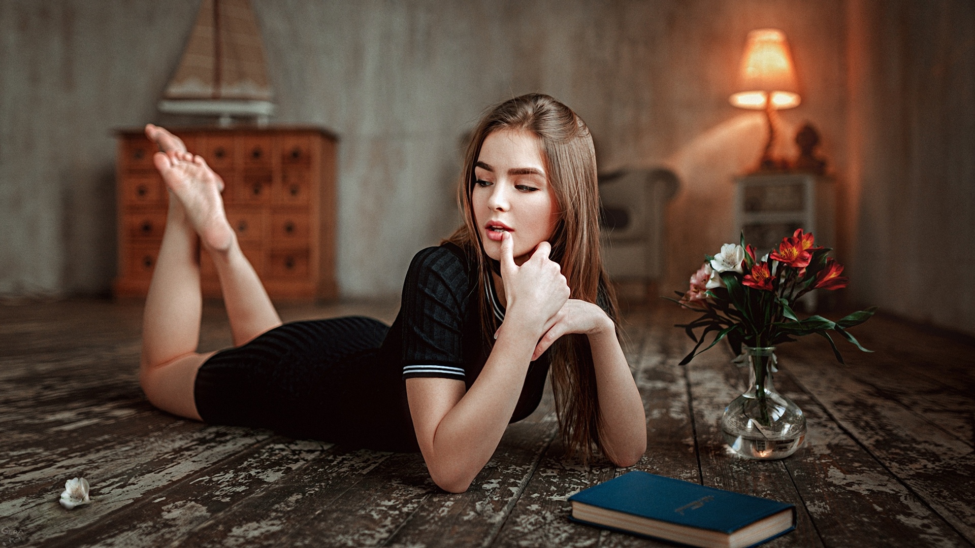 Women Long Hair Auburn Hair Dress Black Dress Wooden Surface Lying Down Books Flowers Looking Away V 1920x1080