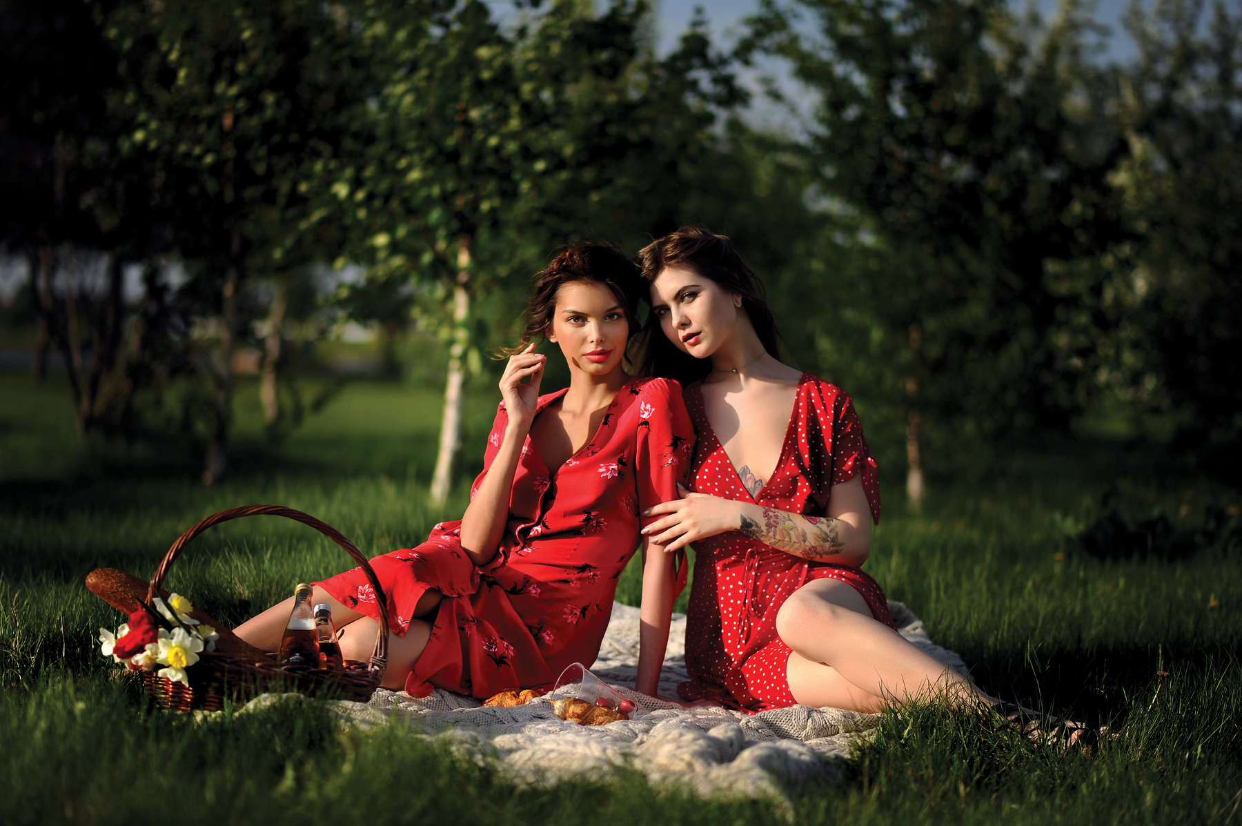 Women Model Brunette Two Women Looking At Viewer Outdoors Necklace Dress Red Dress Picnic Baskets Si 1800x1197