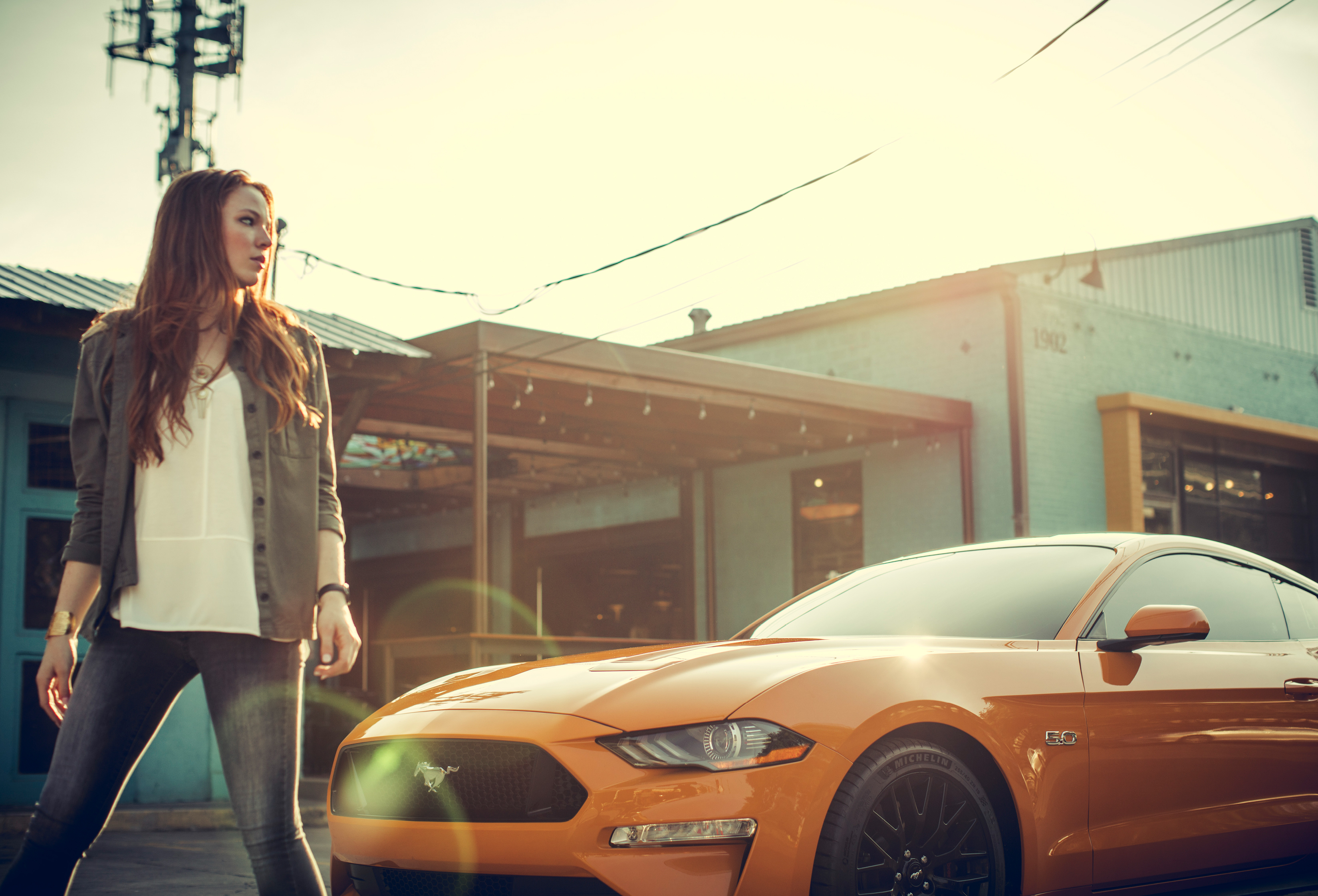 Women With Cars Redhead Ford Mustang Michelin Vehicle Car Jacket Jeans 3300x2244