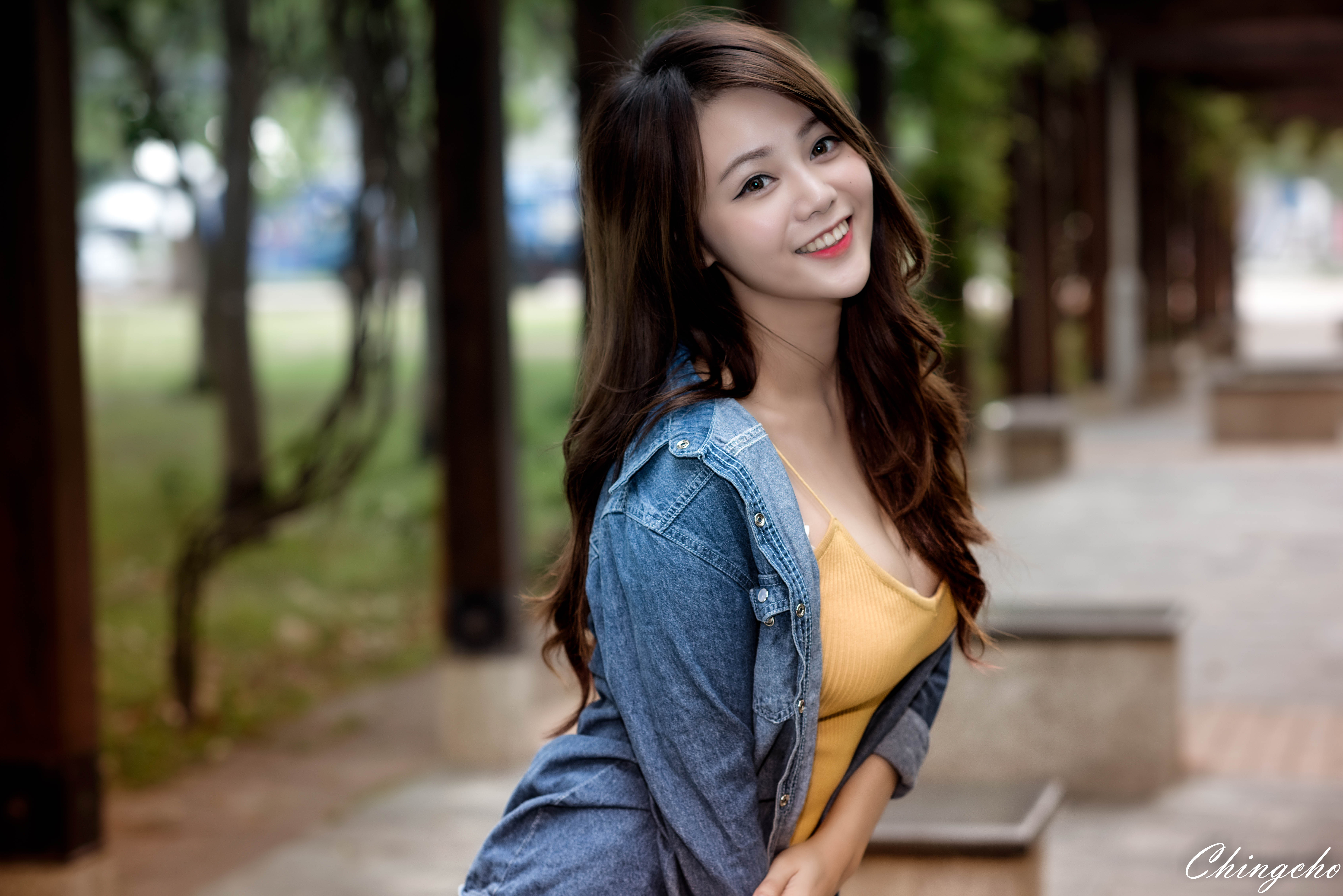 Asian Women Brunette Chingcho Long Hair Women Outdoors Tank Top Jeans Jacket Yellow Tops Smiling Urb 7360x4912