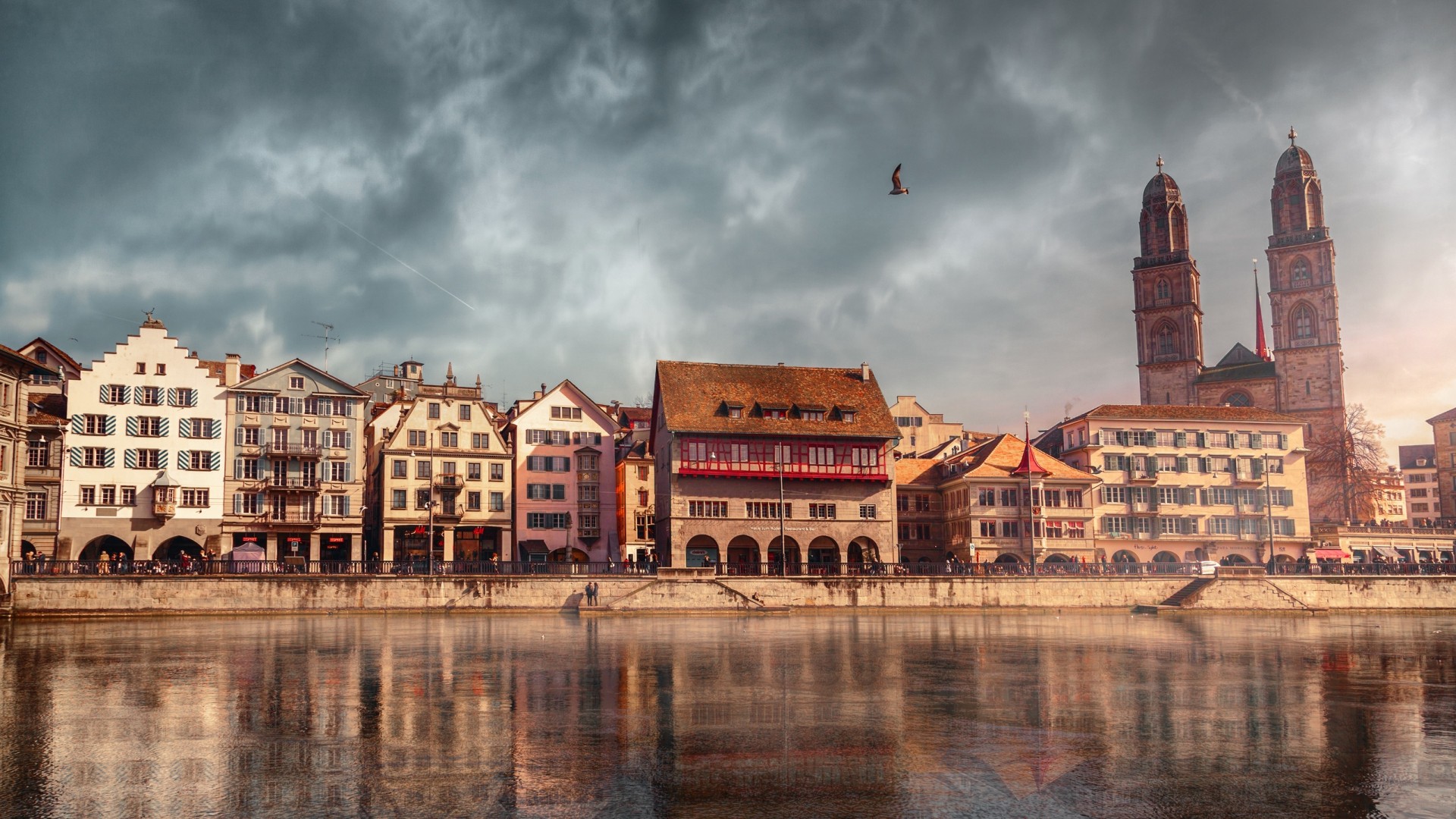 Architecture Building Old Building Clouds Zurich Switzerland House Cathedral Birds Water River Refle 1920x1080